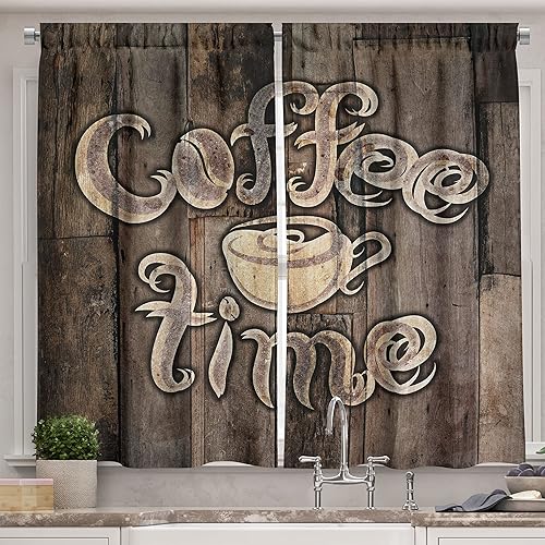 Ambesonne Cortinas de cocina modernas, frase de hora de café con una taza sobre un fondo de madera grunge, imagen de cocina, juego de 2 paneles para