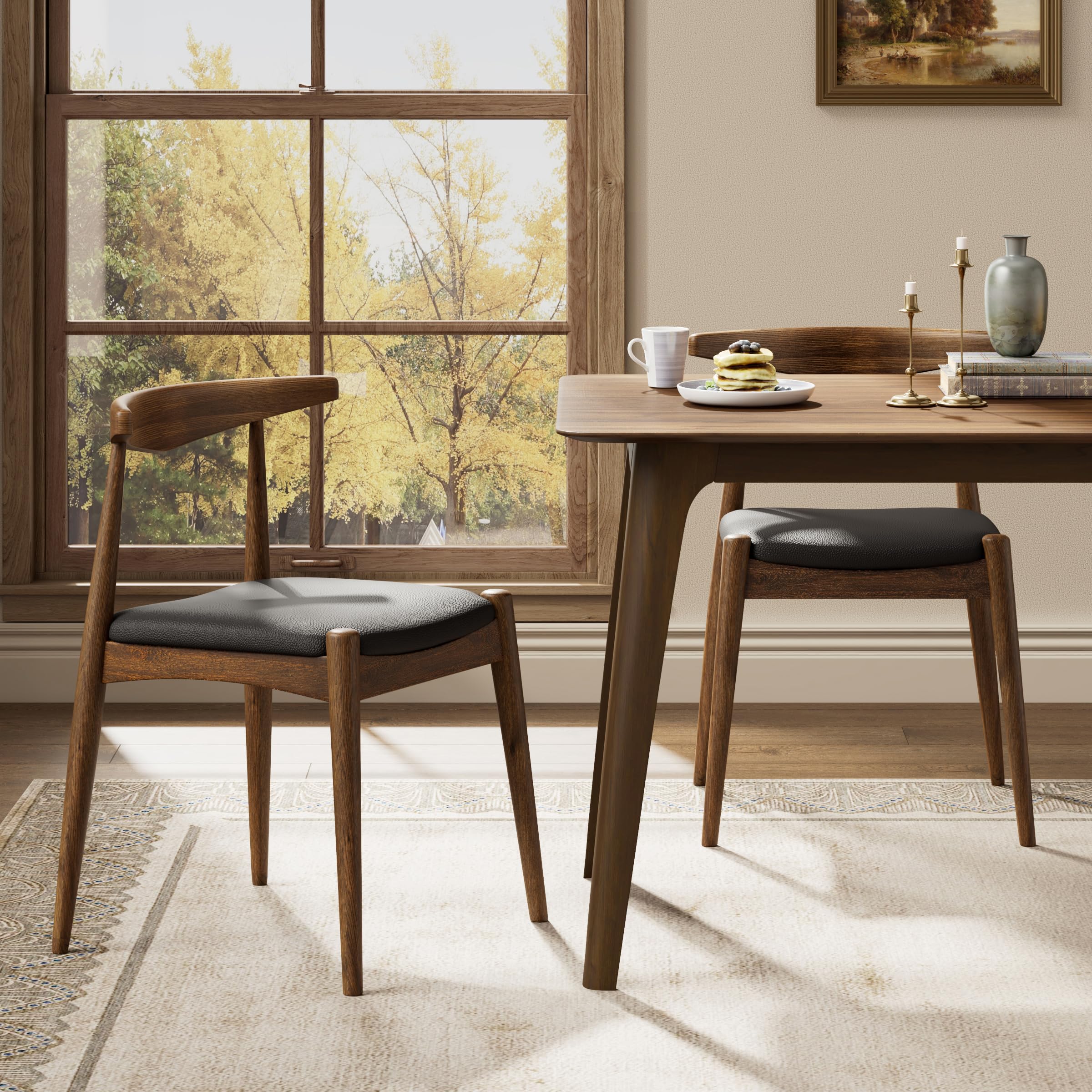 Set of 2 Dining Chairs with Rubber Wood Legs and PU Leather, Mid-Century Modern Style, Walnut+Black