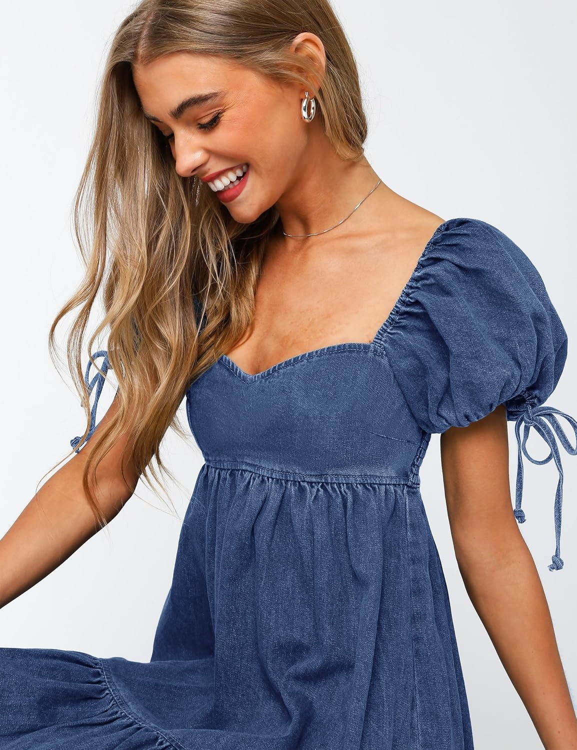 Denim Dress for Women Puff Short Sleeve Jean Dresses Sweetheart Neck Denim Mini Dress - Image 4