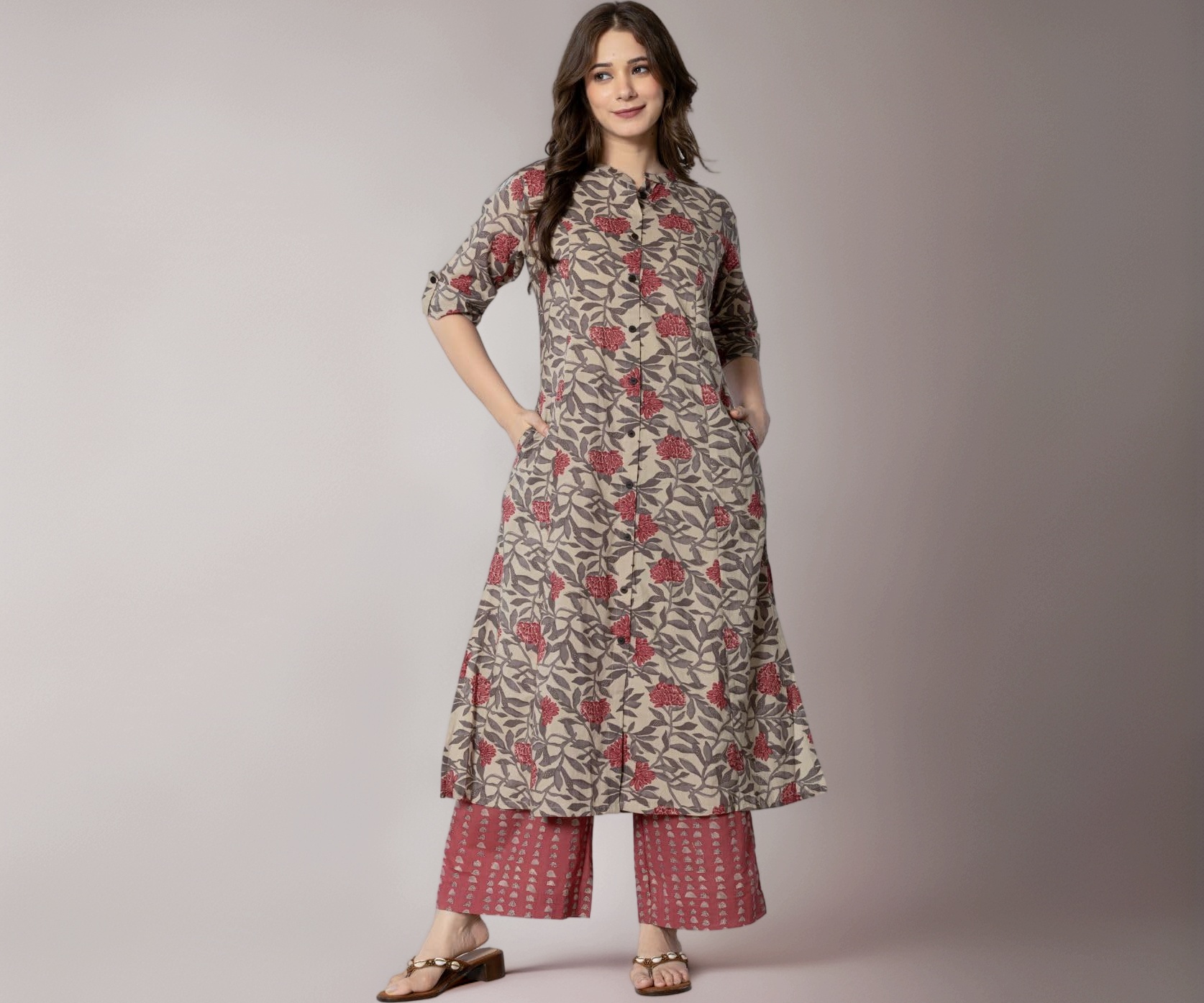 rytras Women's Cotton Printed A-Line Kurta with Palazzo Pant Set