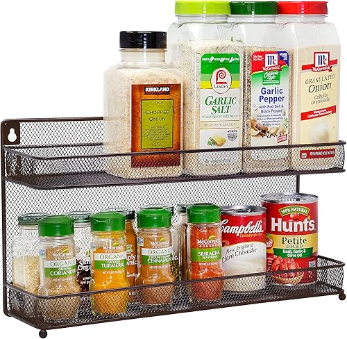 CAXXA Organizador de almacenamiento de tarros de especias de malla de 2 niveles para encimera o pared color bronce