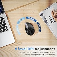 Vista 4 de Uineer Ratón vertical, mouse ergonómico inalámbrico Bluetooth de 2.4 GHz, 800/1200/1600/2400 Dpi ajustable, 5 botones ergonómico para laptop, PC
