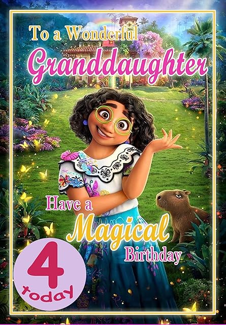 Granddaughter Age 4 Birthday Card  Disney Encanto Princess  Optional Personalised Extra Large 77MM Badge -Full Colour Inside!