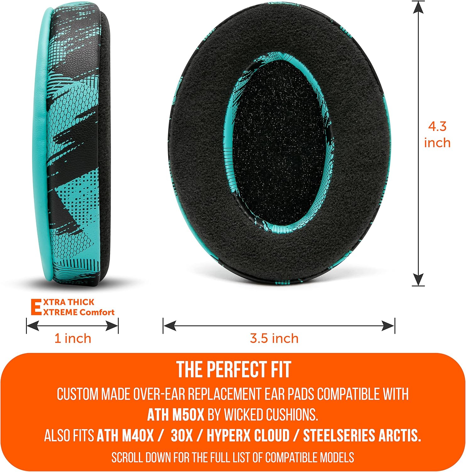 WC Wicked Cushions Velour Replacement Earpads for ATH M50X - Compatible with ATH M40X / M50XBT / HyperX Cloud 1 & 2 / SteelSeries Arctis 3/5 / 7 / 9X & Pro/Stealth 600 & More (Speedracer Cyan)