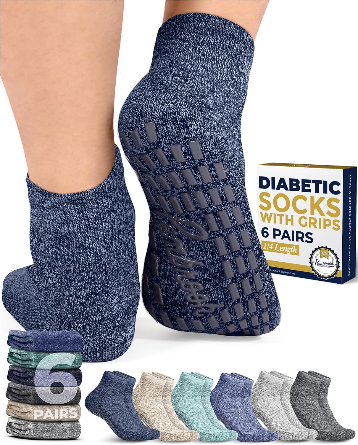 Pembrook 6 Pairs Diabetic Ankle Socks for Men & Women with Grips - 12 Colors Neuropathy Socks for Men | Non Slip | Edema