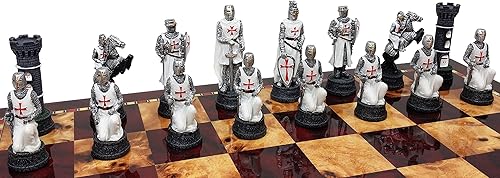 Miniatura 3 de Medieval Times Crusades Knight Juego de piezas de ajedrez azul y blanco pintadas a mano con cruz maltesa - sin tablero