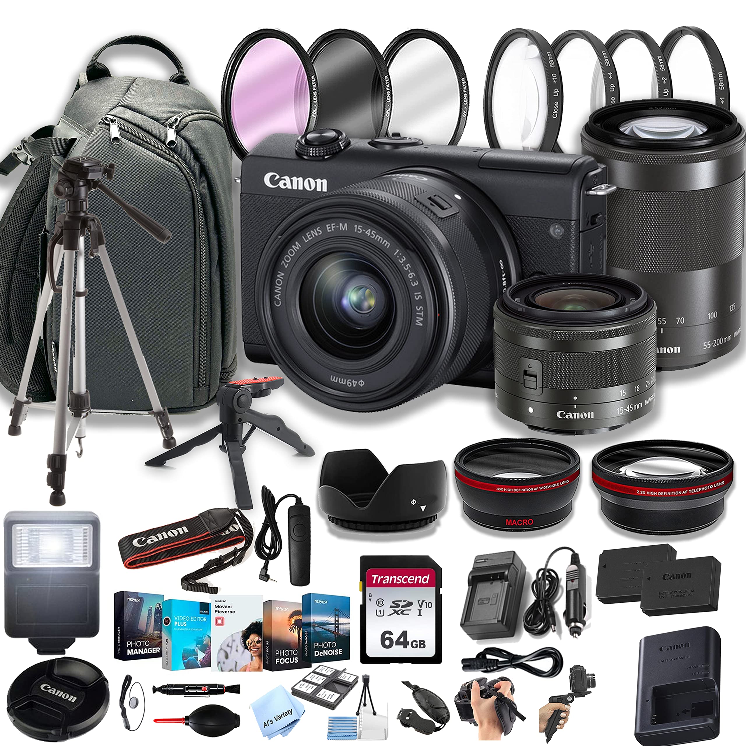 Canon EOS M200 Mirrorless Digital Camera with EF-M 15-45mm f/3.5-6.3 is STM Lens + 55-200mm f/4.5-6.3 is STM Lens + 64GB Memory Card, Professional Photo Bundle (42pc Bundle)