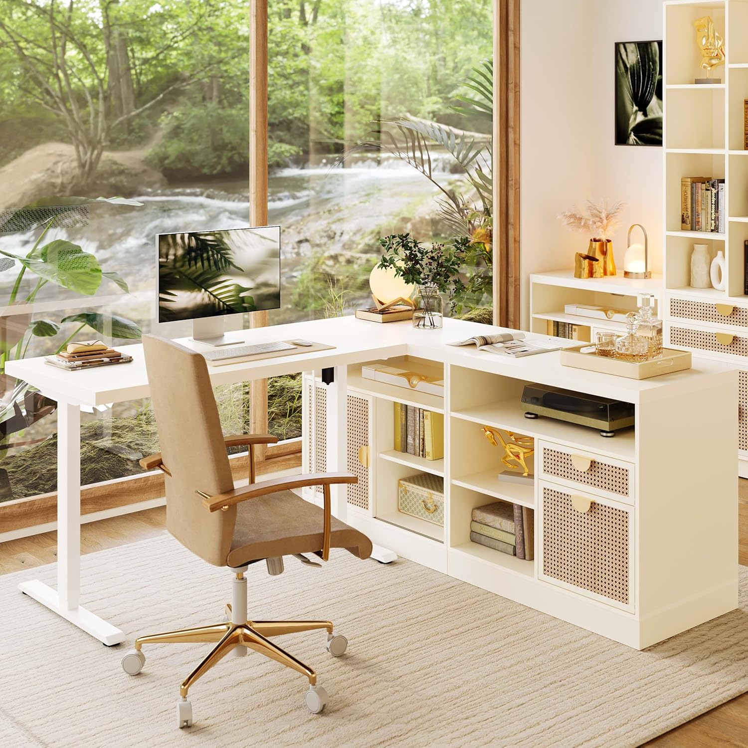 67" L Shaped Standing Desk with Drawers and File Cabinet, AC/USB, 1.18" Desktop, Height Adjustable Wood Desk, Electric Desk with Multiple Functions for Home and Office, White Rattan