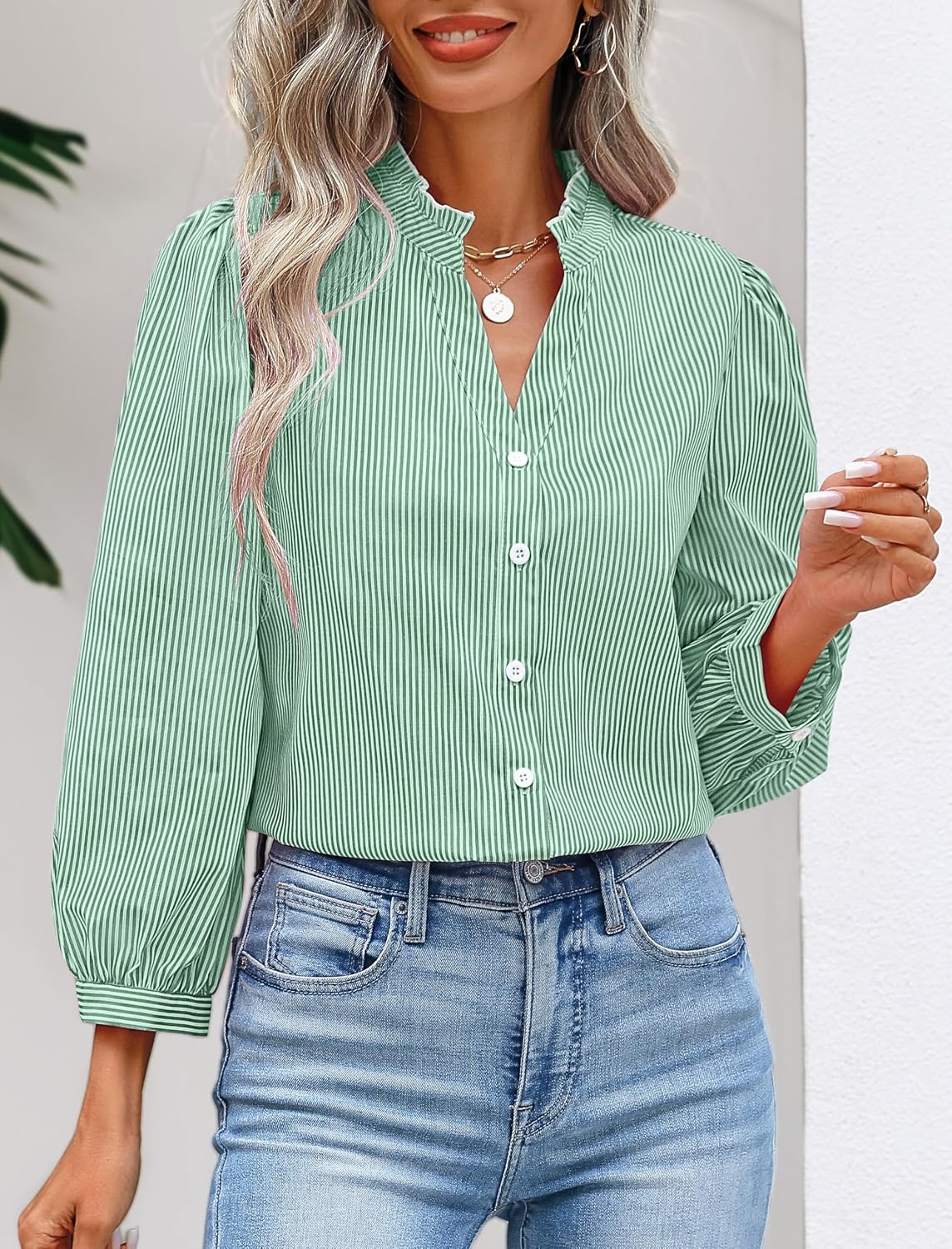 SimpleFun Womens Button Down Shirt 3/4 Sleeve Ruffle V Neck Striped Blouses image 2