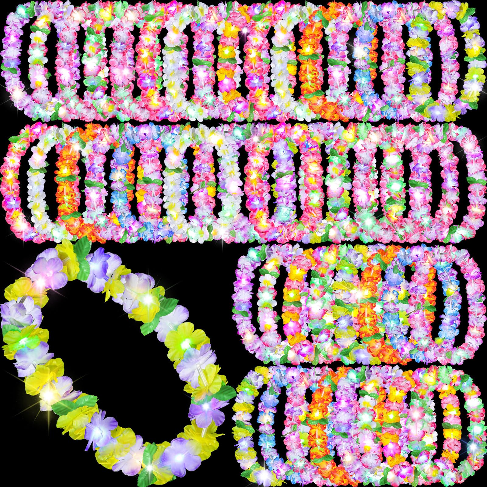 Sherr 48 Pcs LED Hawaiian Leis Luau Party Decorations Light Up Leis Bulk with Green Leaves Tropical Flower Necklaces for Wedding Beach Carnival Summer Birthday Supplies Party Favors