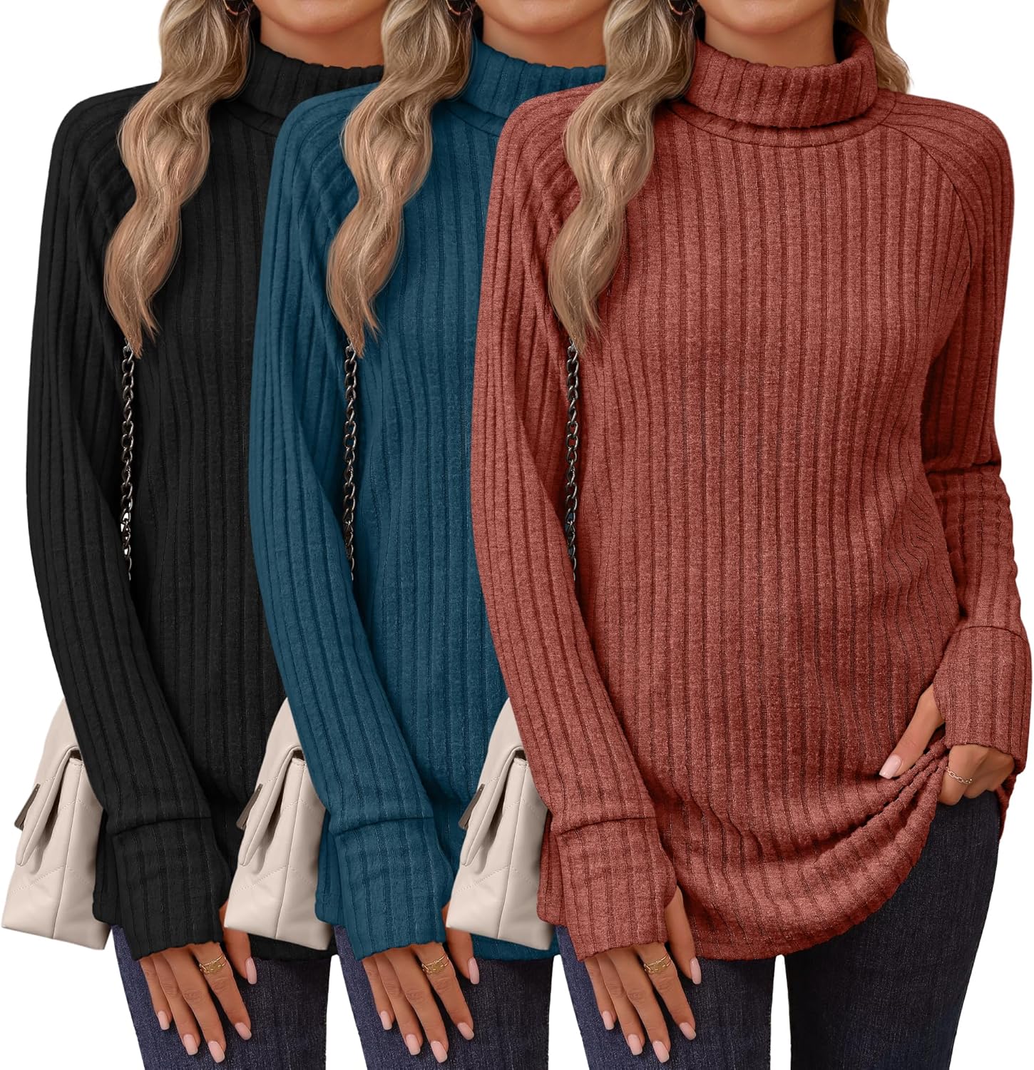Ficerd 3 Pack Women's Turtleneck Long Sleeve Tunic Sweater Thumbhole, Ribbed Raglan Curved Hem Knit Shirts Loose Fall Winter