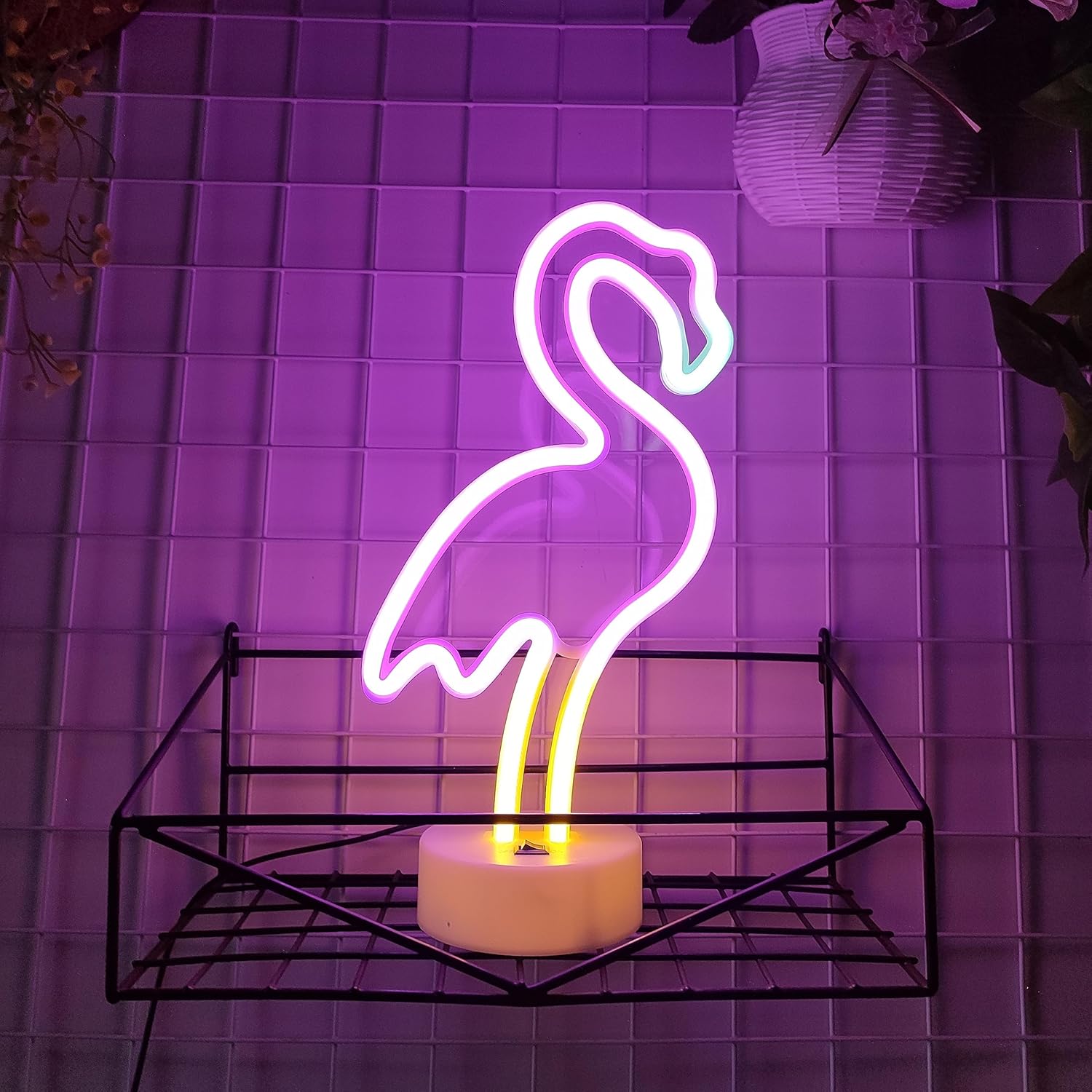JYWJ Flamingo Neon Sign with Holder Base,USB or 3-AA Battery Powered Neon Light,LED Desktop Wall Decoration,Various Parties,Decoration of Business Premises(Multicolor)