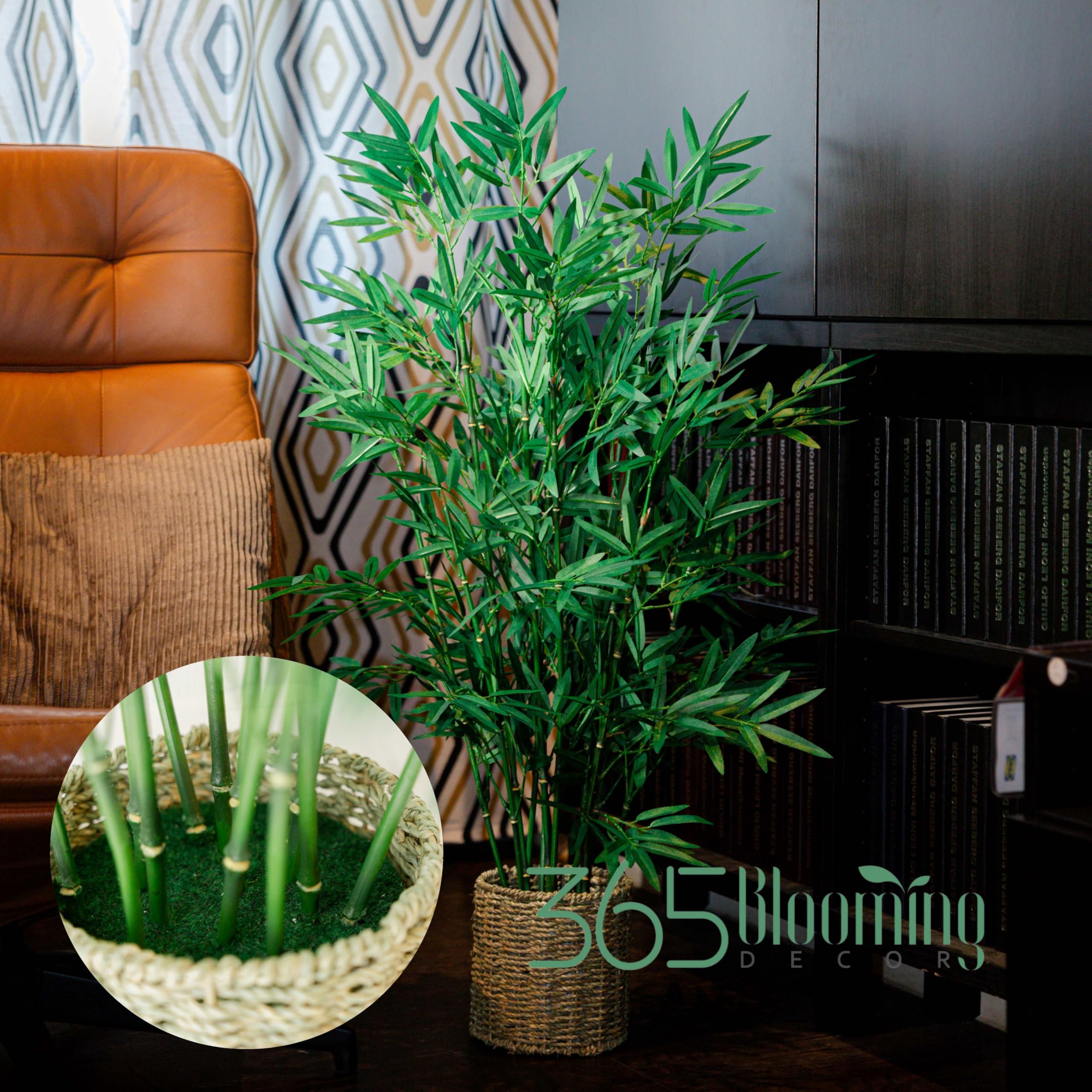 365 Blooming Decor 3.2 ft Artificial Bamboo Silk Tree in Handmade Seagrass Pot - Luxury potted faux bamboo plant with 13 Trunks for Room, Home, Office and Kitchen Decor - Elegant Money Tree, Green