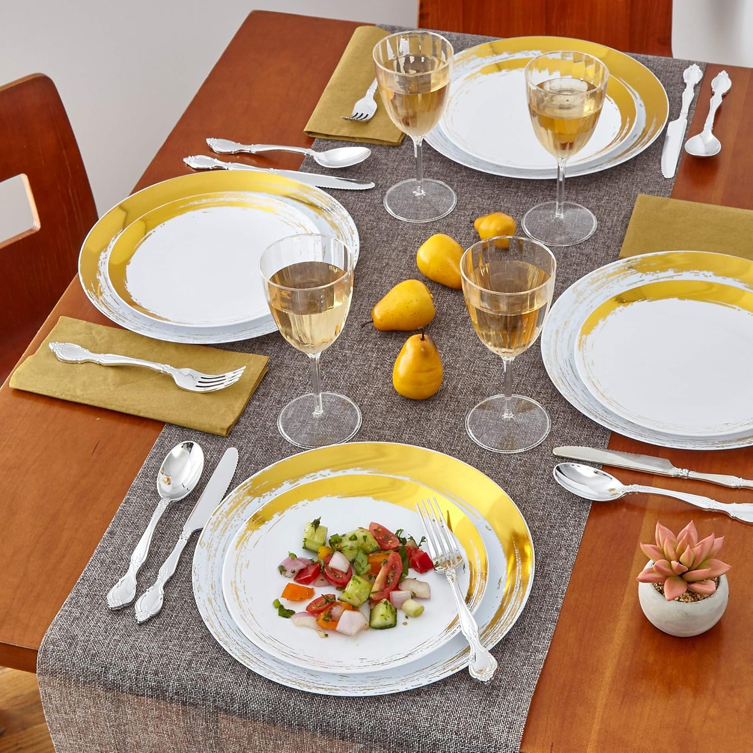 Silver Spoons DISPOSABLE DINNER PLATES | Heavy Duty Plastic Dishes | Elegant Fine China Look | Brushed – Gold 10.25”, White, 20 pc