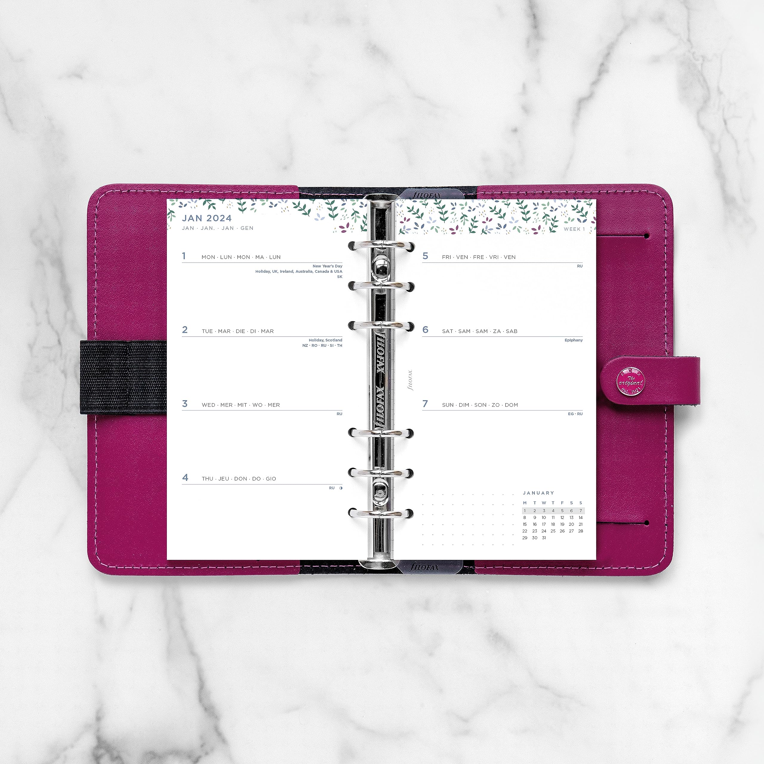 Filofax Ricarica per agenda giornaliera, formato personale/compatto, vista settimanale, confezione minimale per agenda da giardino, multilingue: cinque lingue, 2024 (C68492-24)