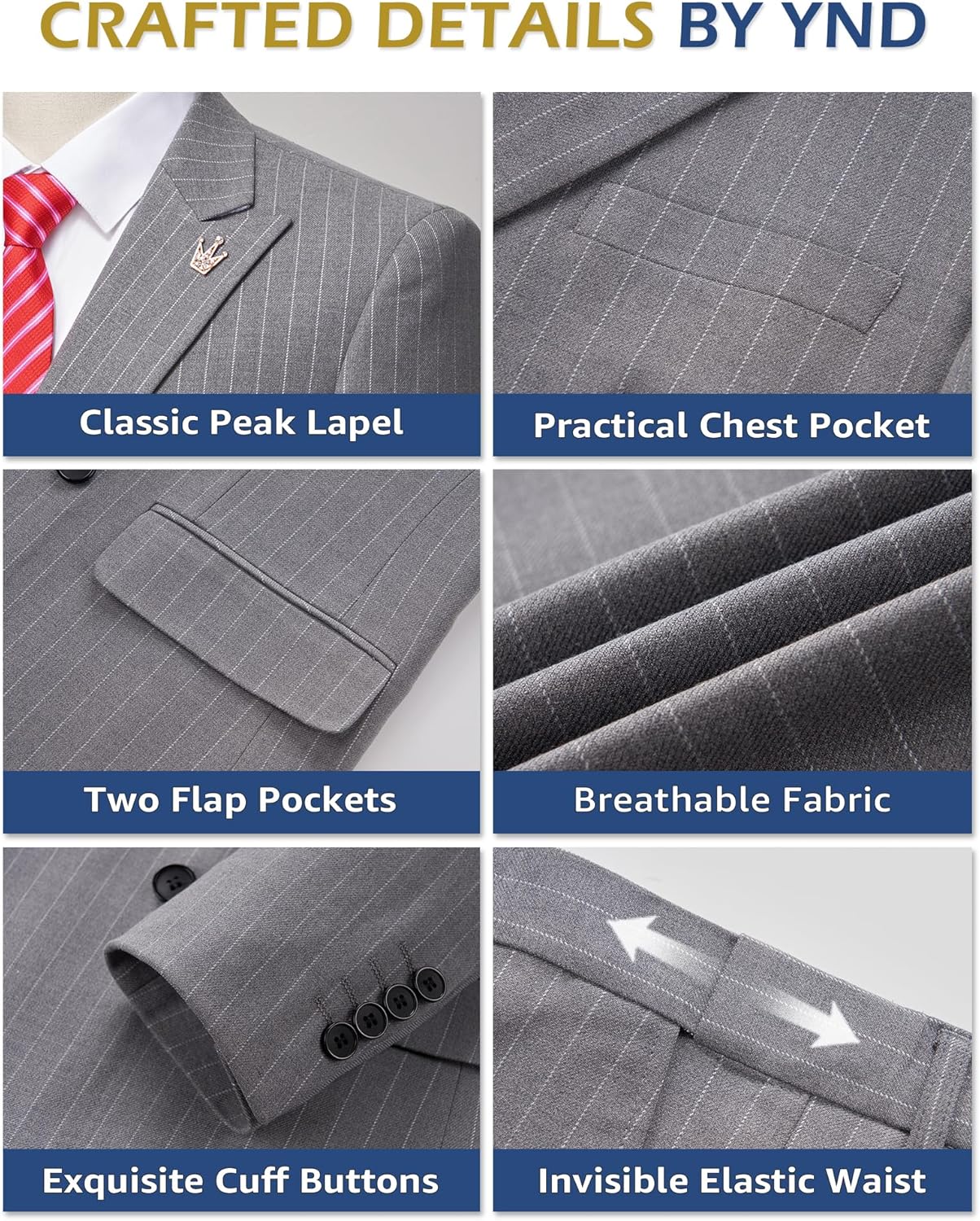 YND Men's 2 Piece Double-Breasted Suit, Slim Fit Stripe Tuxedo Set with Tie, Party Wedding Dress Blazer, Tux and Trousers - Image 4