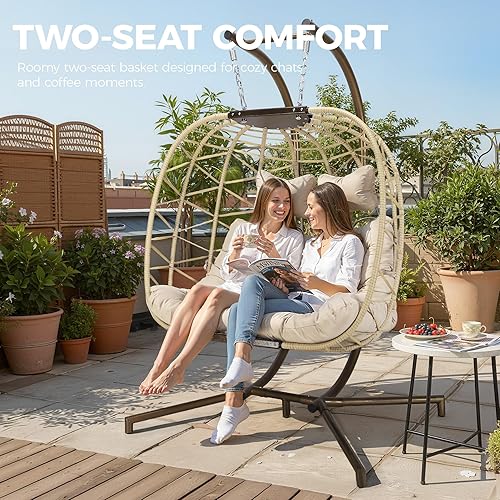 Miniatura 2 de RADIATA Silla de huevo doble con soporte, sofá biplaza colgante de huevos de gran tamaño para 2 personas, 700 libras, resistente para interiores y