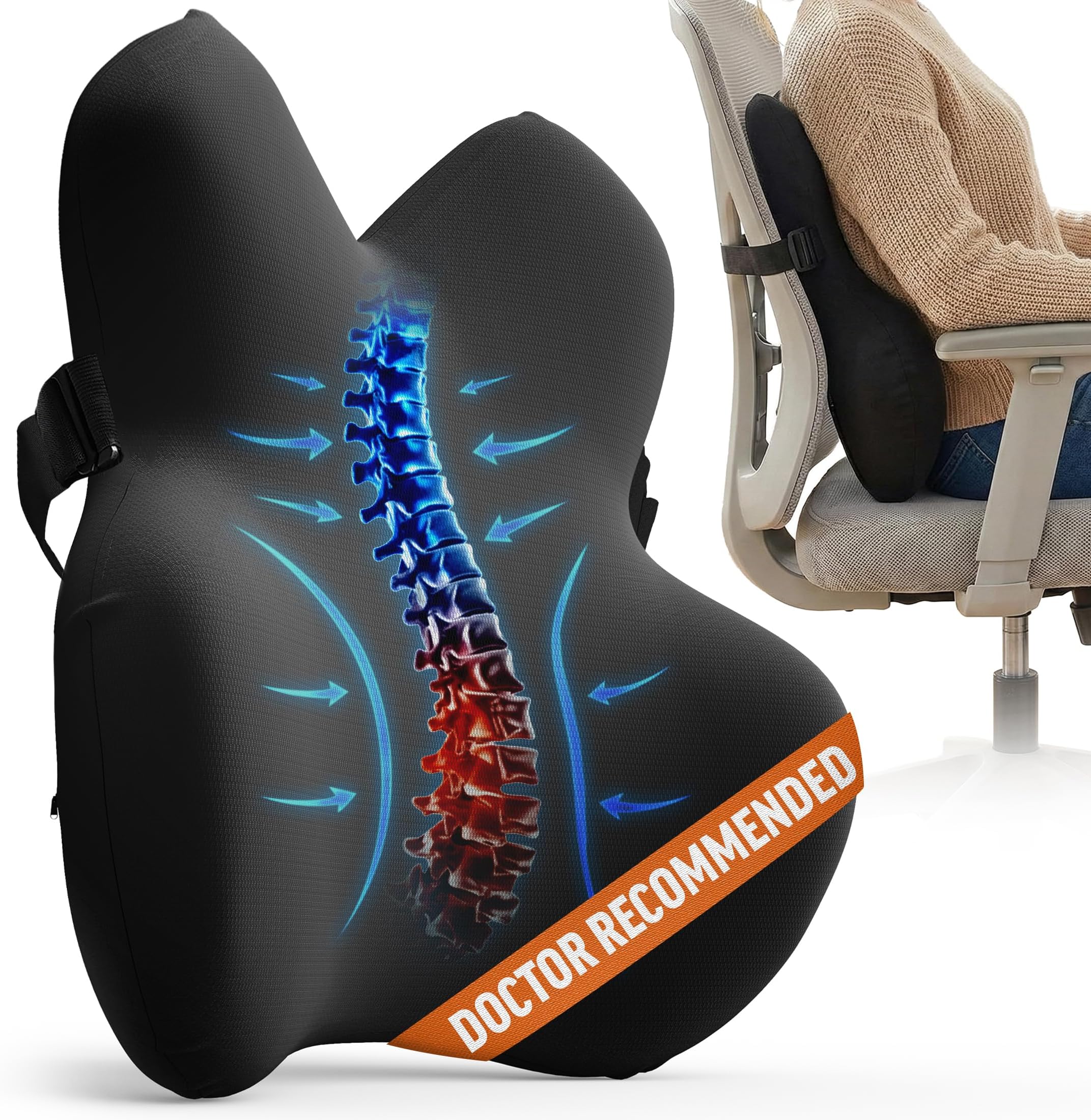 Everlasting Comfort Lumbar Support Pillow for Office Chair - Memory Foam Back Cushion for Car Seat - Promotes Better Posture, Back Pain Relief - Ideal Gaming and Desk Chairs Work and Home Essentials