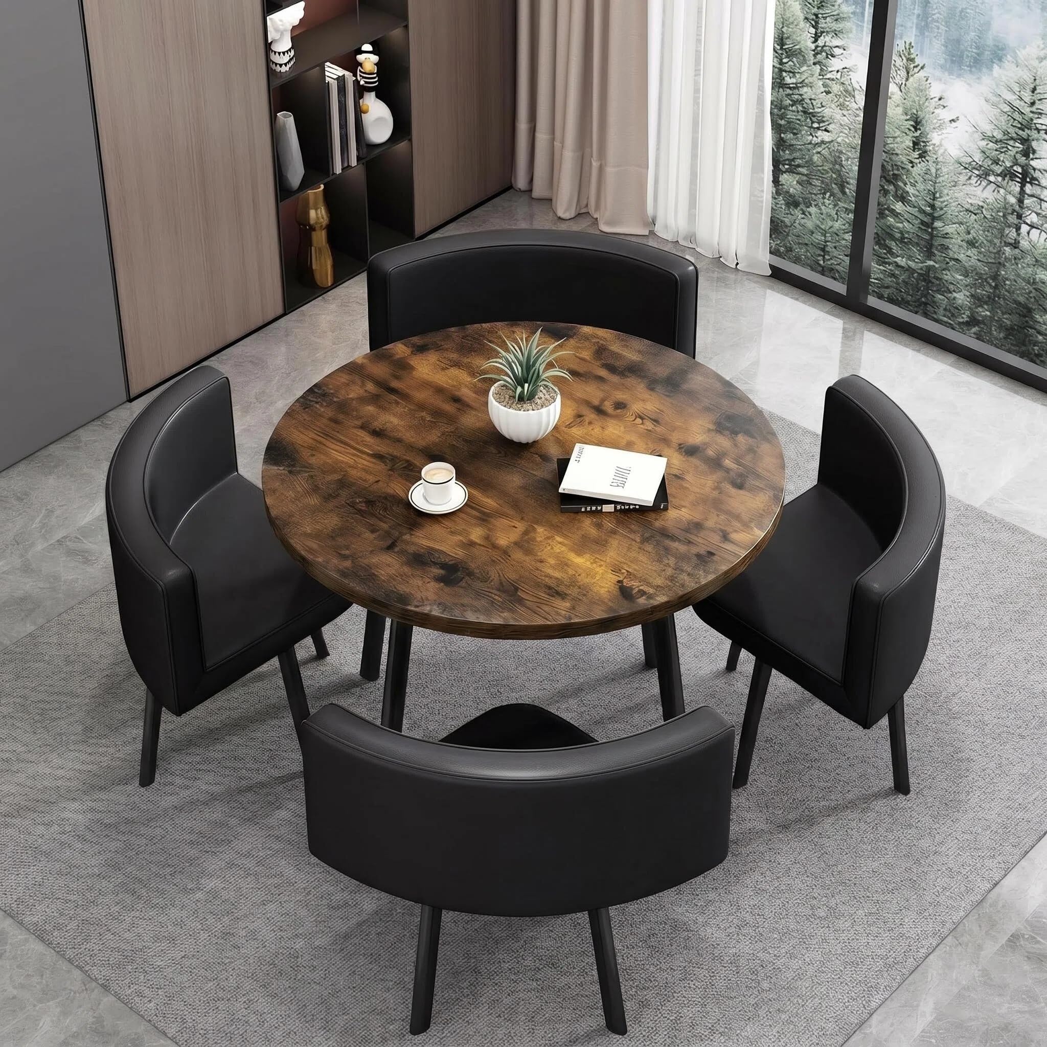 Runder Esstisch mit 4 Stühlen - Essgruppe 5-Teilig Komplettset - Küchentisch Sitzgruppe für für Küche/Esszimmer - Wohnzimmer und Büro 4-6 Sitzplätze (Walnut)
