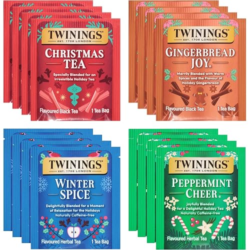 Twinings Christmas Holiday Variety Tea Bag Pack (40 Count) 4 Flavours Include Christmas Tea, Winter Spice, Gingerbread Joy, Peppermint Cheer, Seasonal Gift for Her, Him, Family, Friends