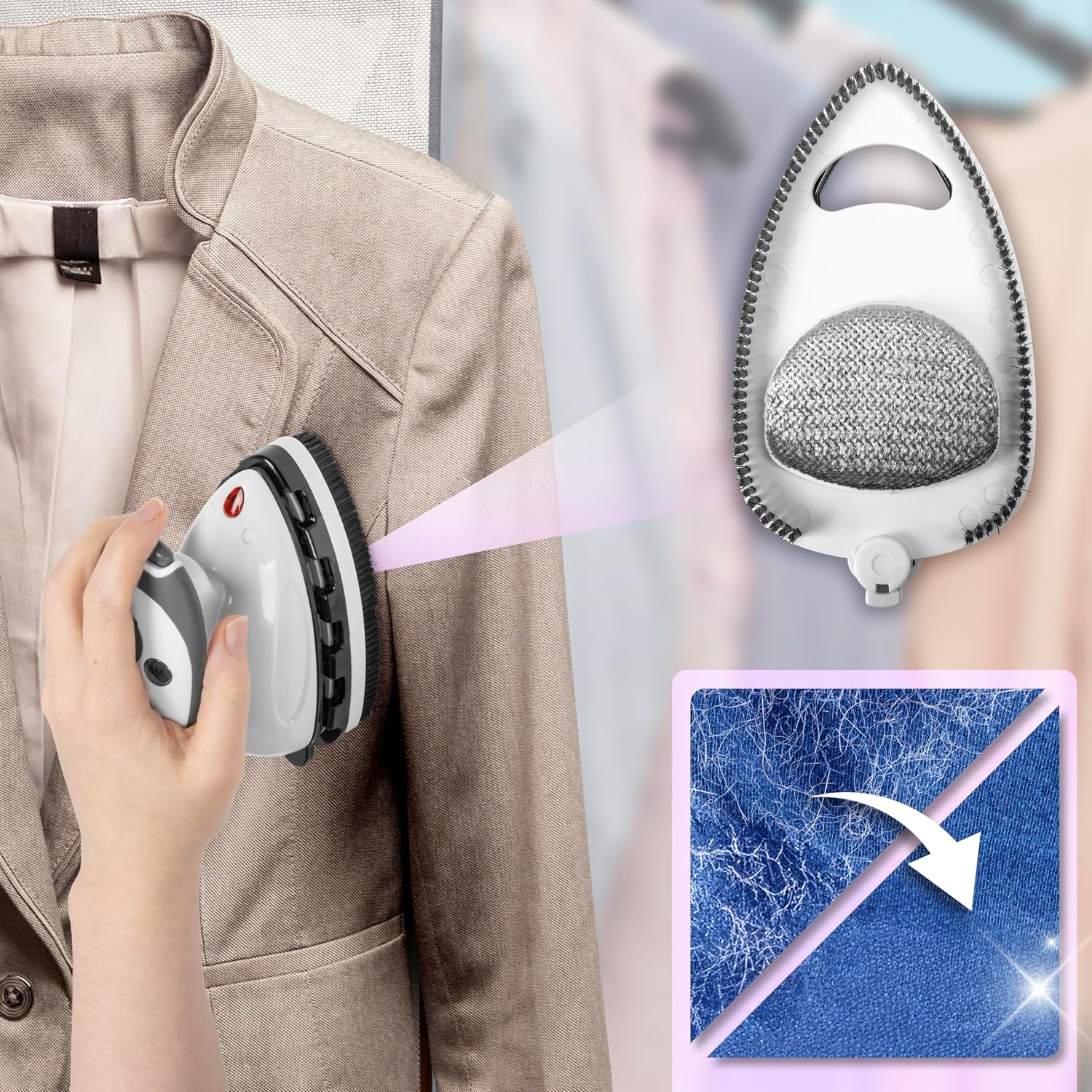 Image showing the brush attachment being used to steam a jacket and a comparison of fabric before and after lint removal.
