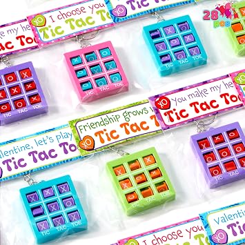 JOYIN 28 Pcs Valentines Day Tic-tac-Toe Keychains with Bags & Tags, Plastic Tic Tac Toe Game Favors with 4 Colors, Valentines Day Gifts Card for Kids Boys Girls Classroom Prize Goodie Bag Stuffers