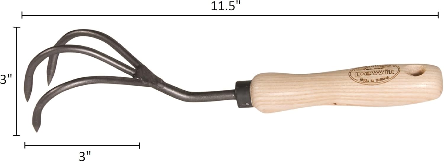 Dewit Cultivator Hand Tiller - 3-Tine, Short Handle, Works as Hoe - 11.5 in - Steel/Wood
