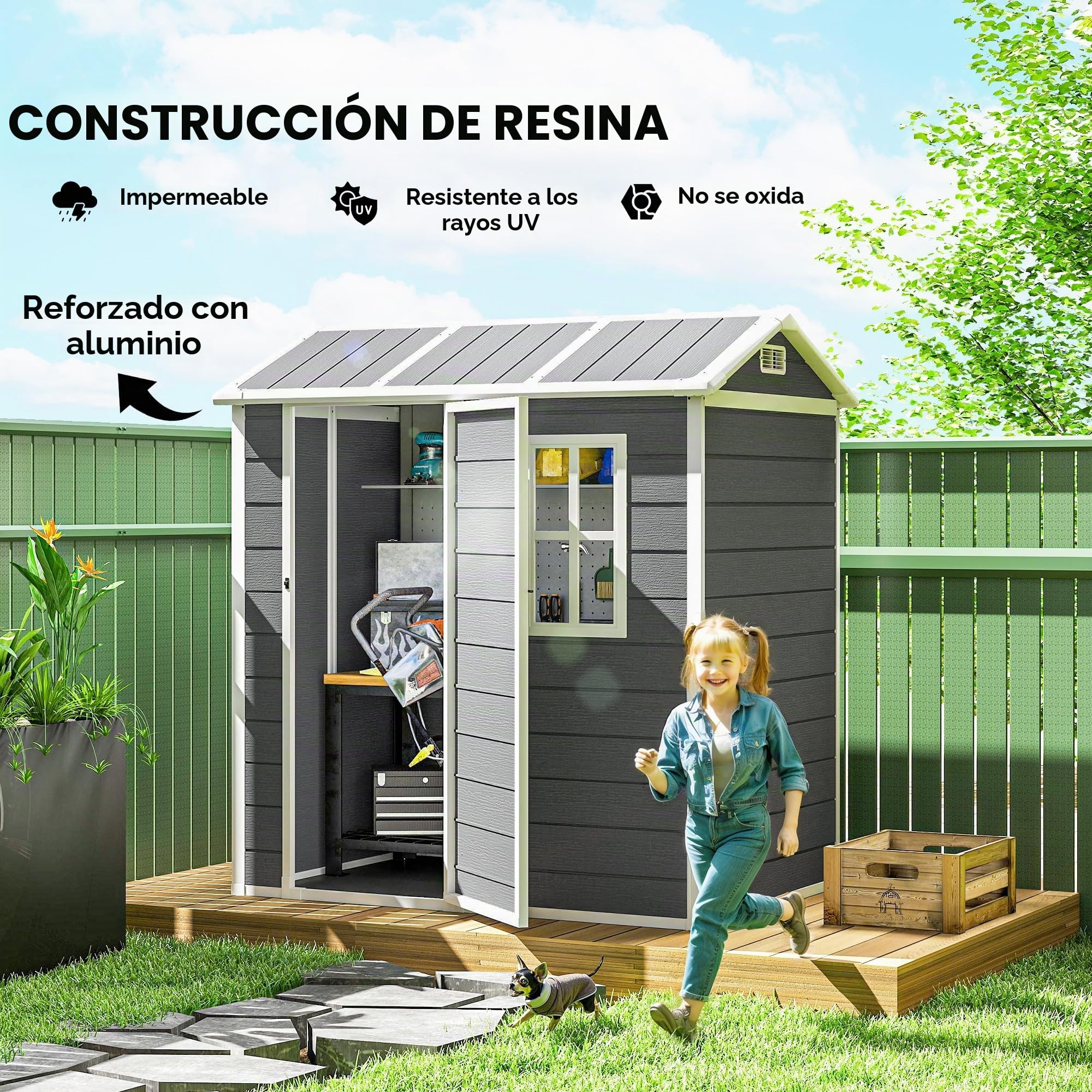 Outsunny caseta de jardín de plástico 2.1m² 186 x 130 x 199cm caseta de Herramientas con tejado a Dos Aguas Suelo Ventana Puerta con Cerradura caseta de jardín Resistente a la Intemperie caseta de