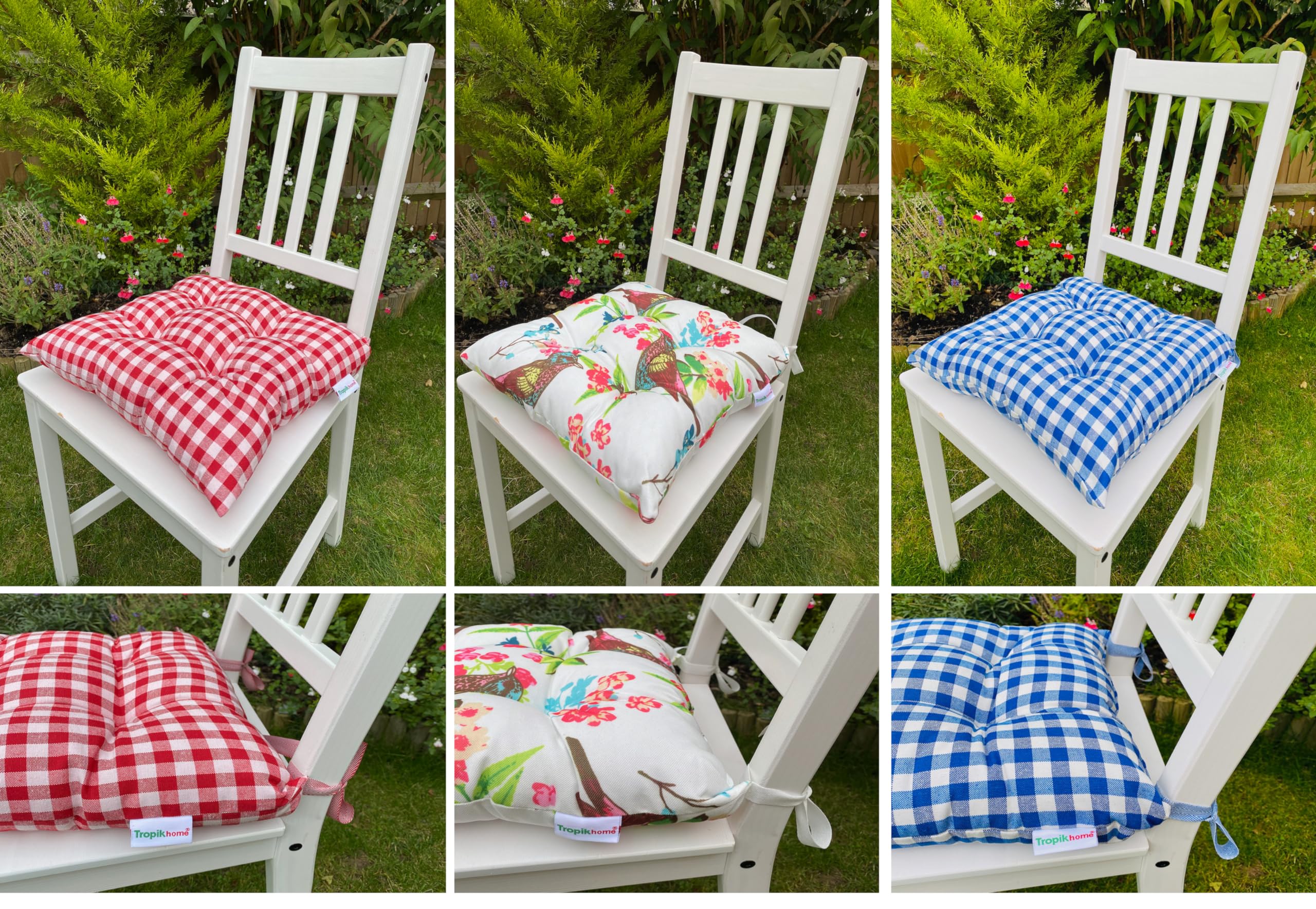 Tropik Home Comfortable Seat Pads, Garden Kitchen Dining Chair Cushions Tie On (Gingham Blue)