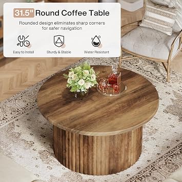 Tribesigns 31.5 Round Coffee Table, Farmhouse Circle Center Table with Sturdy Metal Base, Modern Accent Sofa Side Table for Living Room, Wooden Grain Veneer Top