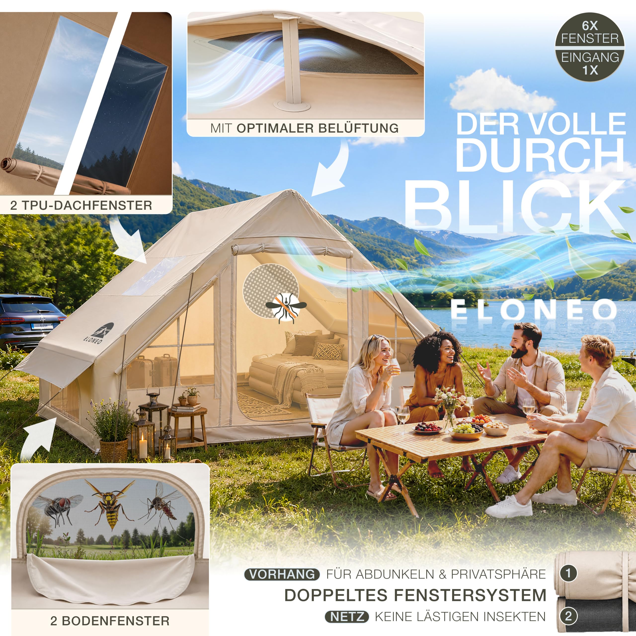 ELONEO namiot dmuchany dla 2/4/6/8 osób z oknem dachowym i pompką, premium namiot glamping wodoodporny, namiot powietrzny, Inflatable Tent, namiot kempingowy, krem