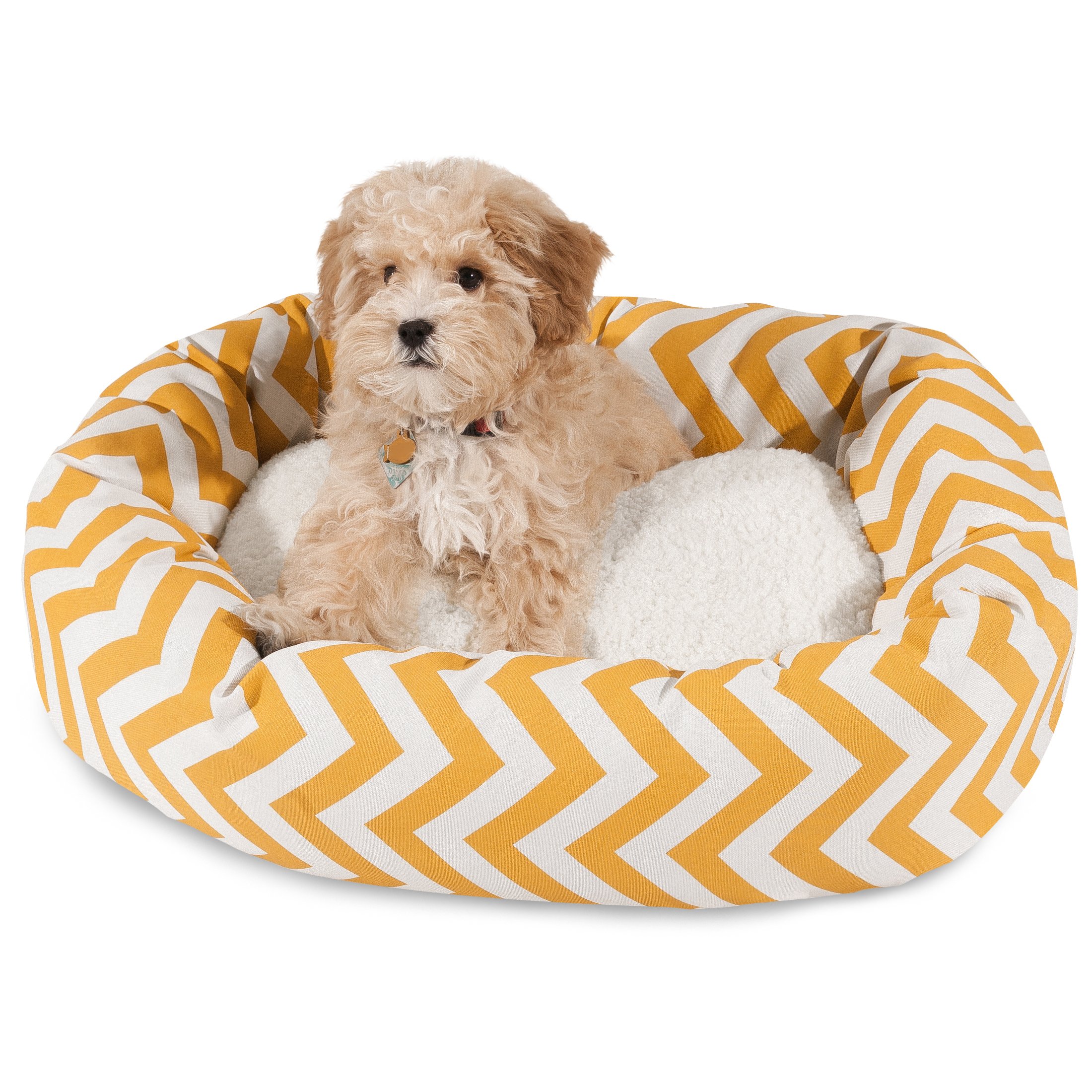 Majestic Pet 24 Inch Chevron Sherpa Calming Dog Bed Washable – Cozy Soft Round Pet Bed with Spine for Head Support - Fluffy Donut Bed 24x19x7 (inch) – Small - Yellow