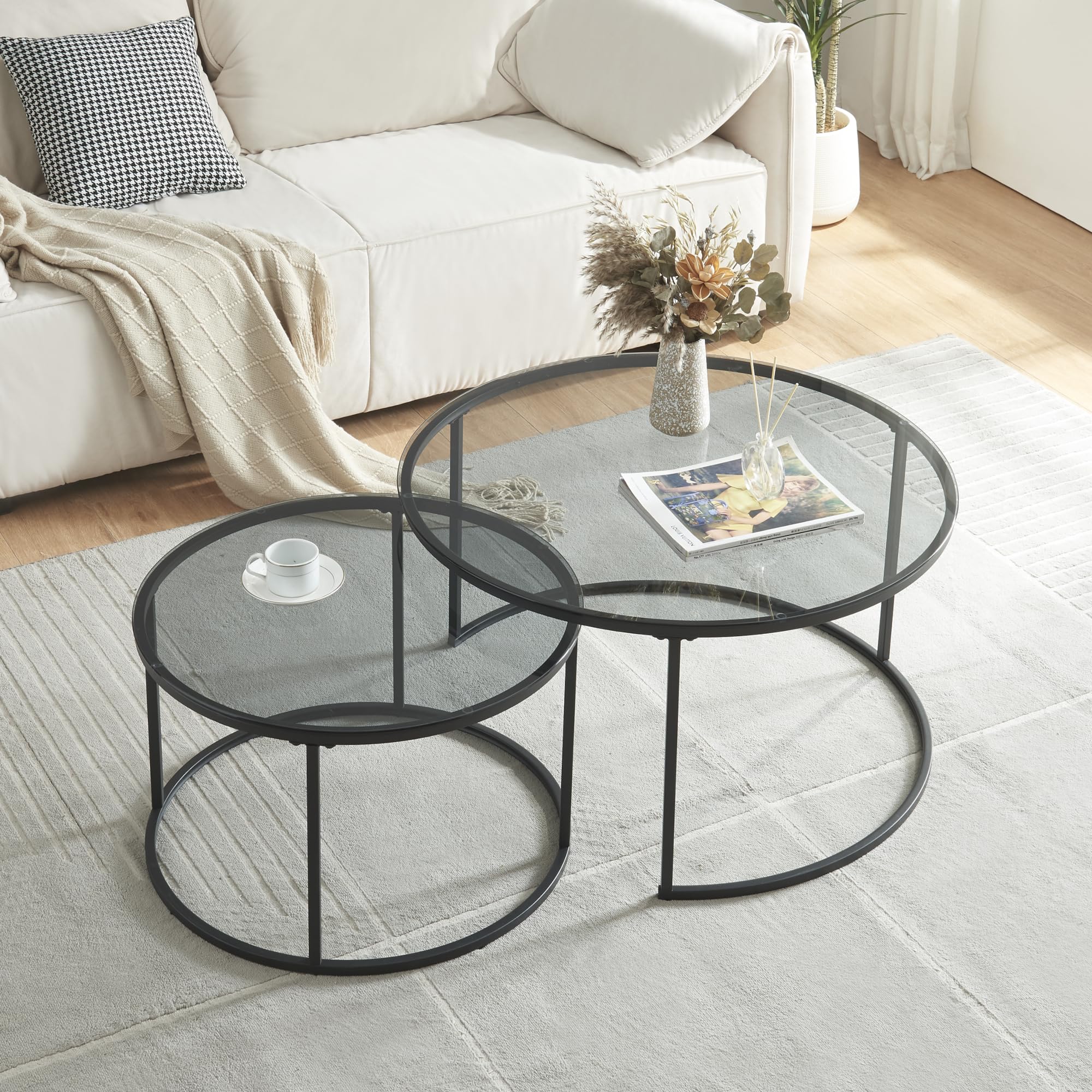 [en.casa] Set de 2 Tables Basses Rondes Gigognes pour Salon Ensemble de 2 Tables d'Appoint de Tailles Différentes Métal Verre Trempé Fumé Noir Transparent