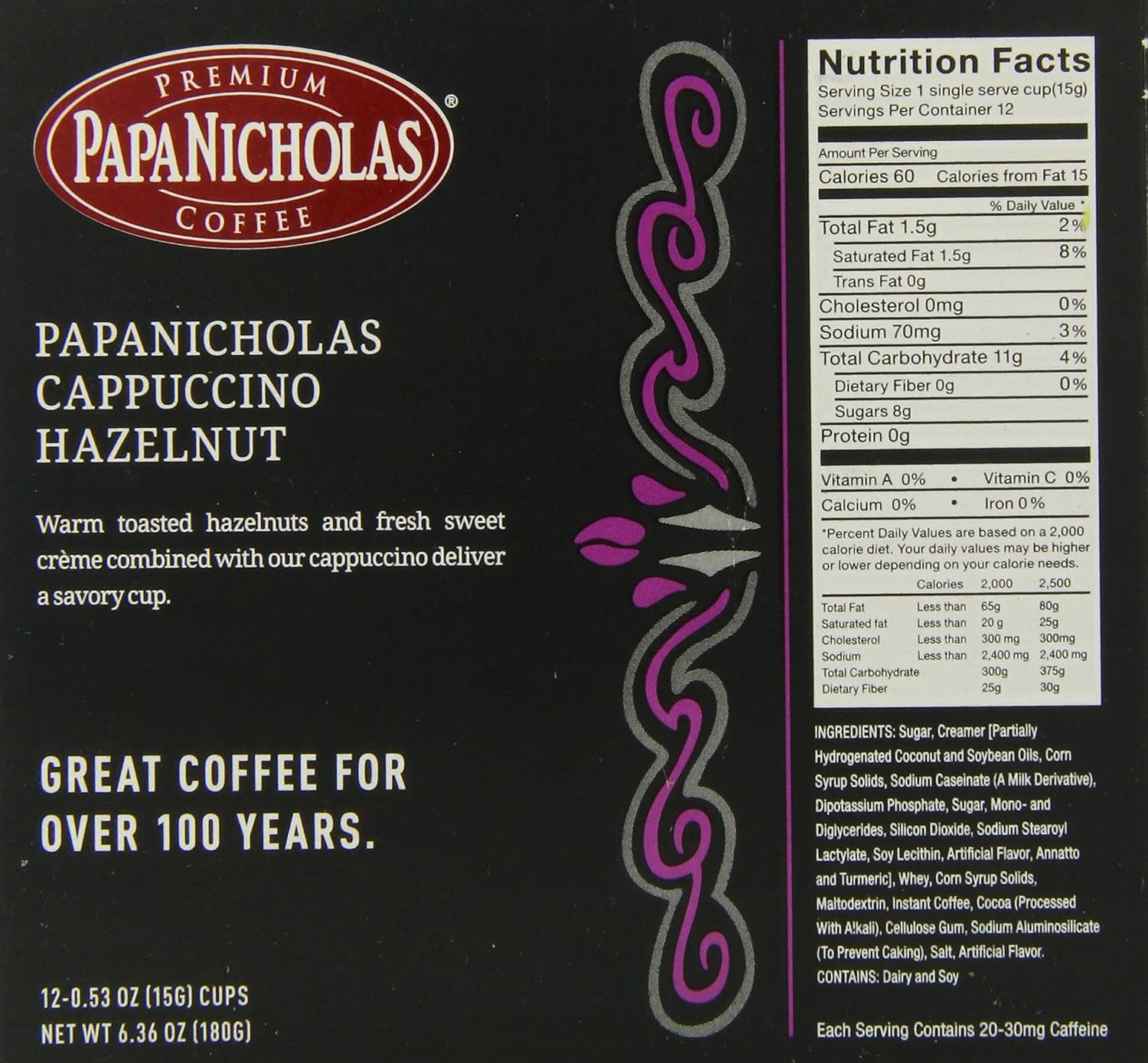 PapaNicholas Coffee Single Serve Coffee Cups Fits Keurig K Cup Brewers, Cappuccino Hazelnut, 12 Count