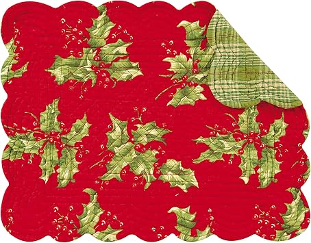 C&F Home Holly Red Holiday Christmas Floral Botanical Reversible Oblong Rectangular Cotton Quilted Placemat Set Of 6 Rectangular Placemat Set of 6 Red