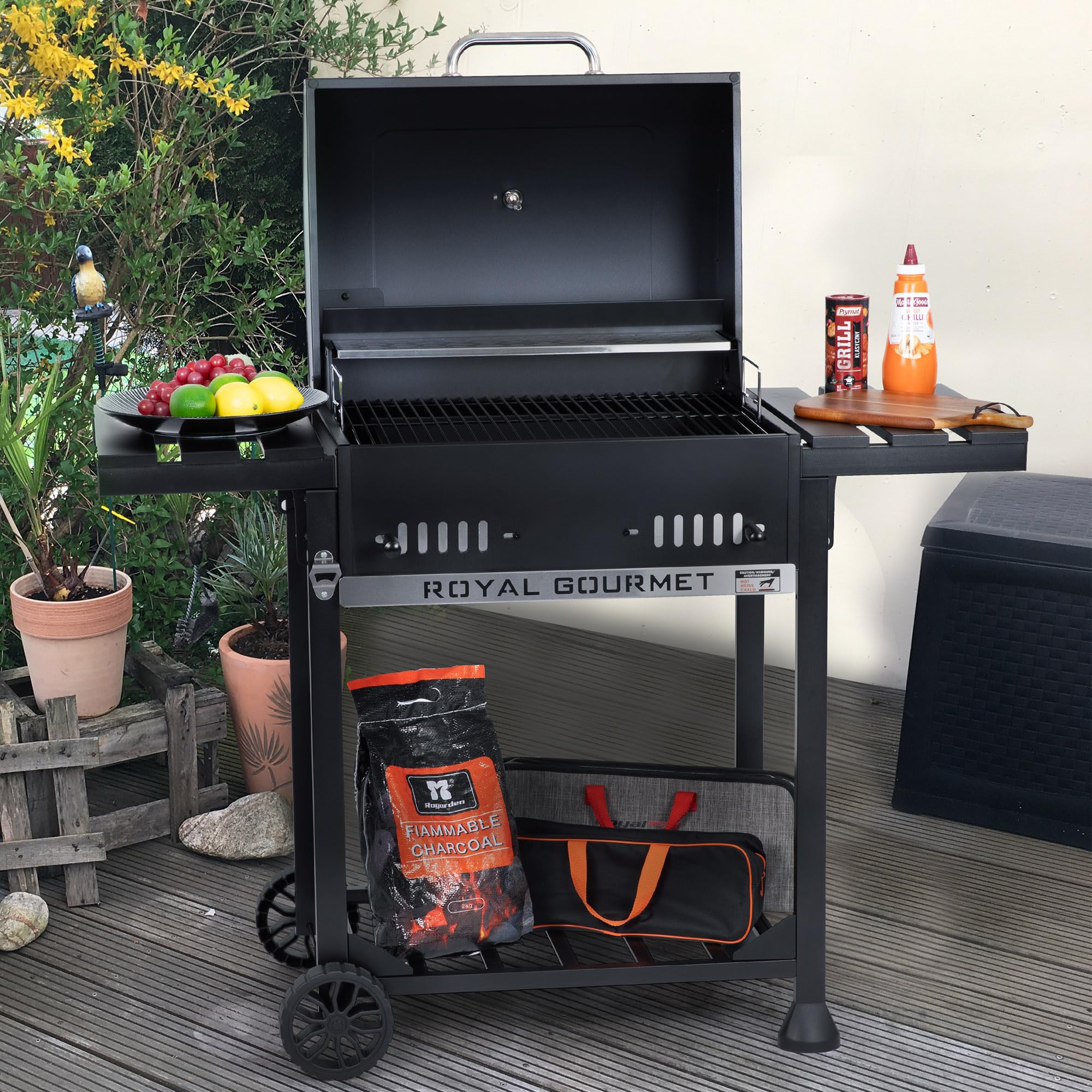 Royal Gourmet Barbecue a Carbone da Legno, griglia a Carbone su Carrello con Ripiani Pieghevoli, Coperchio, termometro, Superficie Cottura 56,5 x 42,2 cm, per Giardino, Campeggio, Nero