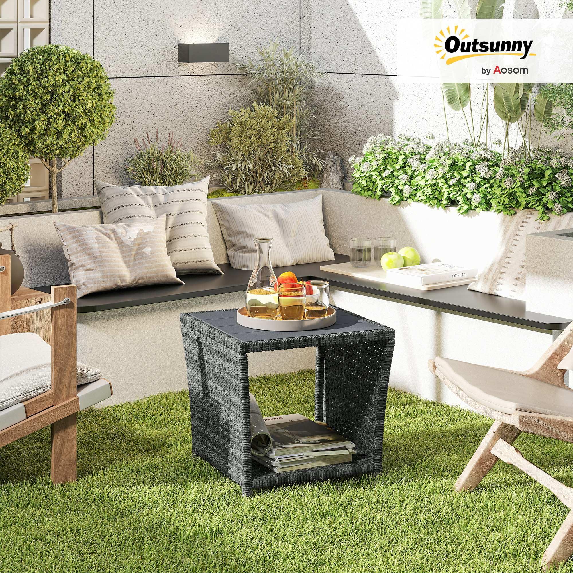 Outsunny 2-Tier PE Rattan Side Table with Storage Shelf, Square Outdoor Coffee Table with PS Wood Slat Top, UV-Resistant for Patio, Garden, Balcony, Grey — view 2