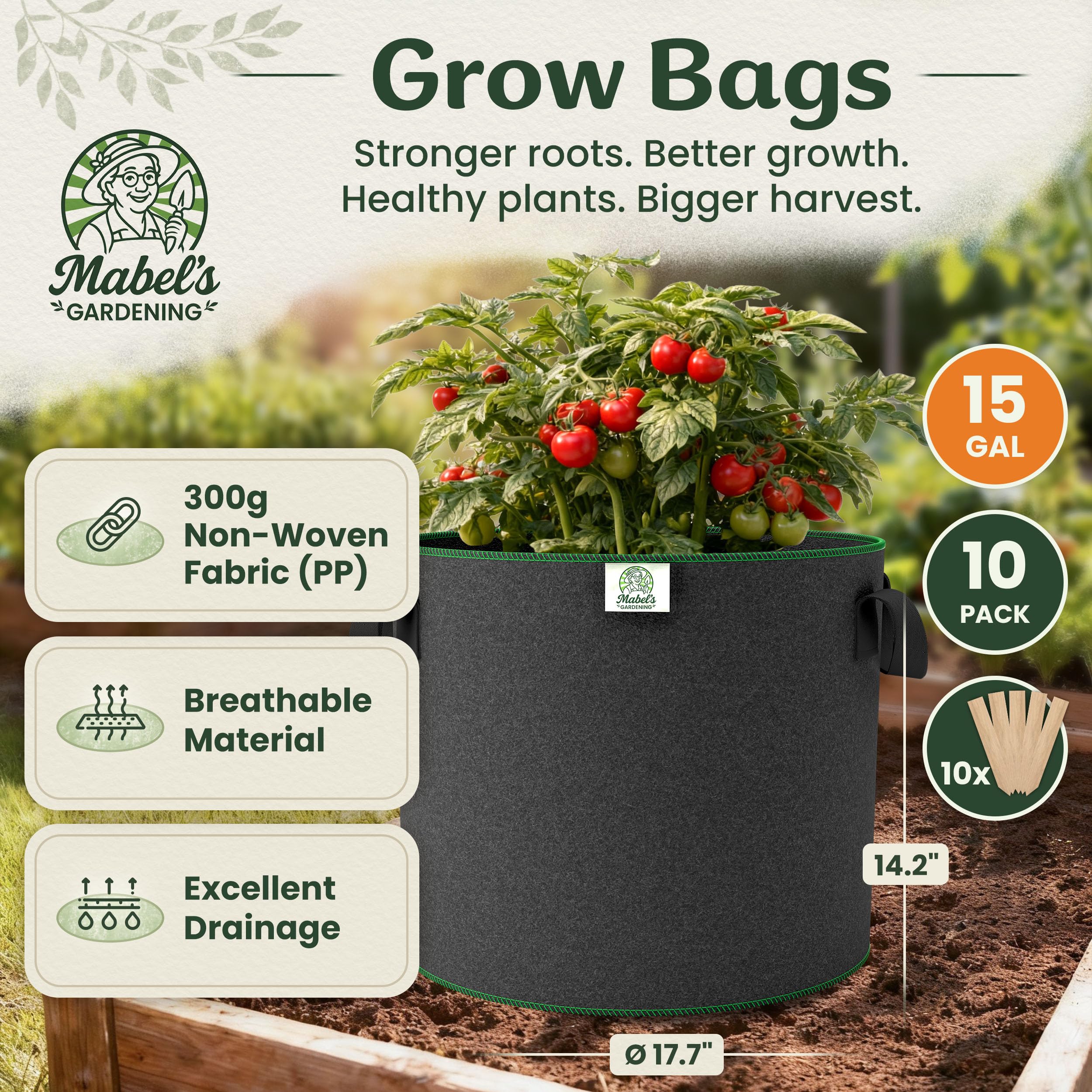 Mabel's Gardening - Confezione da 10 sacchetti per coltivazione da giardino da 300 g/m², in feltro e tessuto non tessuto, 45 x 35 cm, per zucca, patate, pomodori