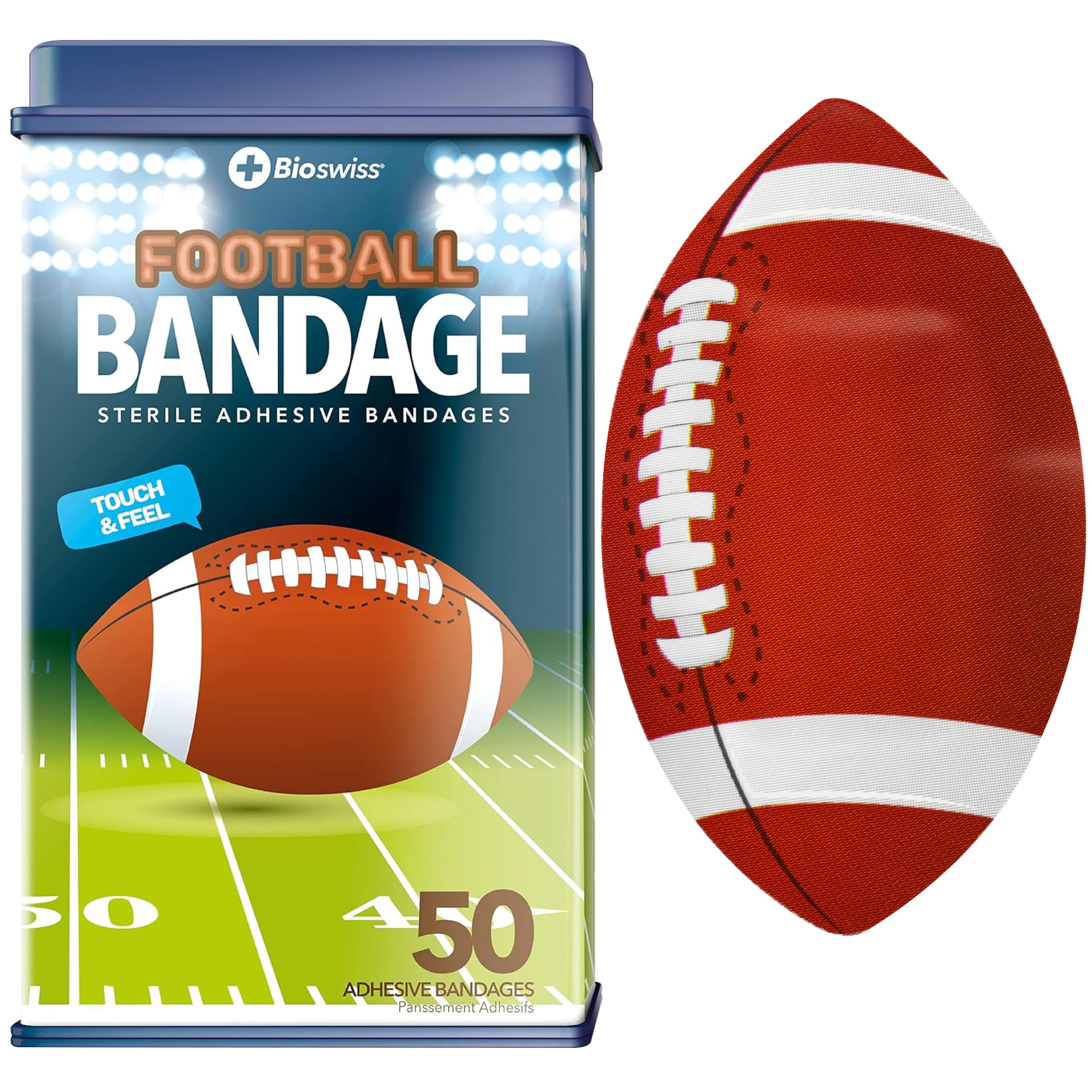 BioSwiss Bandages, Football Shaped Self Adhesive Bandage Set, Latex Free, Sterile Wound Care, 50 Count