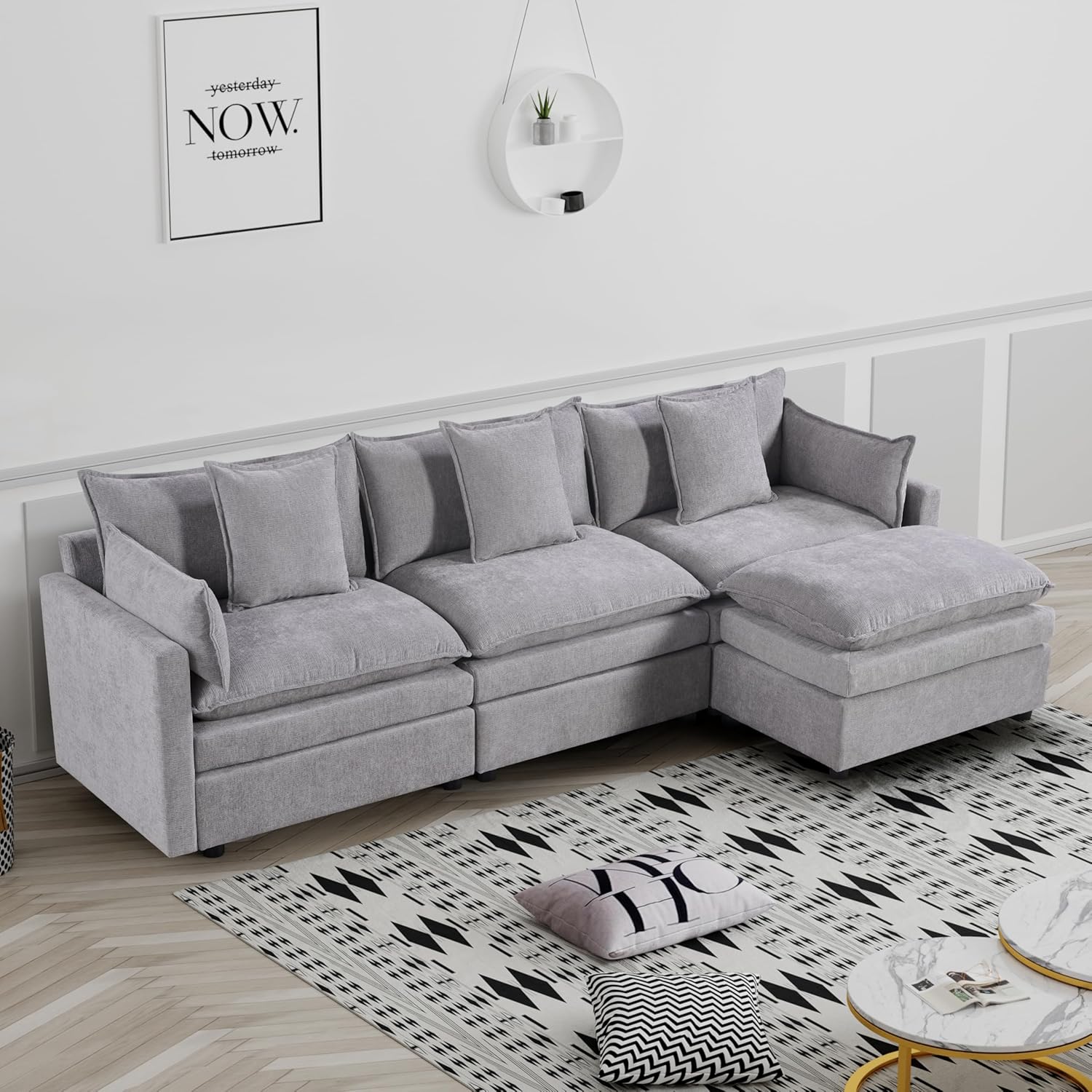 L-Shaped Chenille Sectional Sofa with Convertible Chaise, Comfortable Deep Seating and Ottomans for Living Room, Light Gray