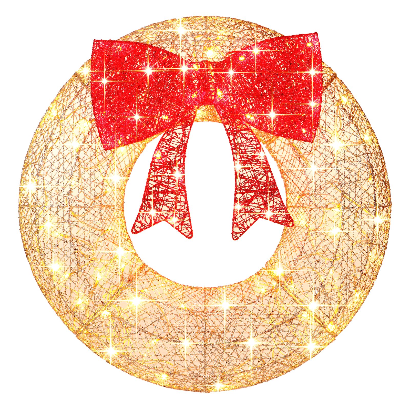 FUNNGO Lighted Outdoor Christmas Wreath w/Red Bow, 8 Light Functions, 6 Hour On & 18 Hours Off, 2 Power Modes(Not Includes Battery), Christmas Decoration for Doors, Windows, Wall (30", Gold)