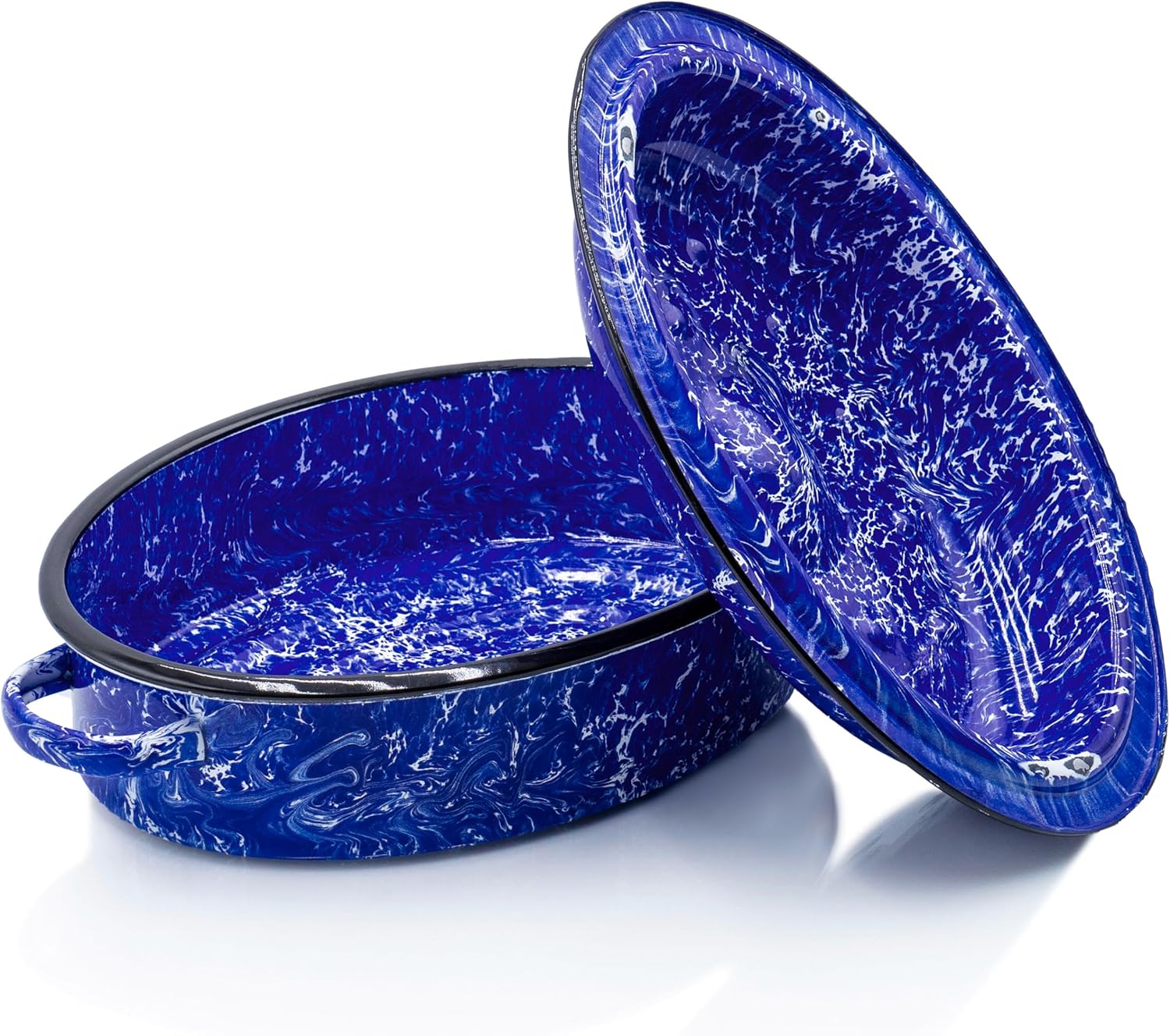 Red Co. Enamelware Metal Classic 3.6 Quart 12" Roasting Pan with Dome Lid, Navy Blue Marble/Black Rim - Splatter Design