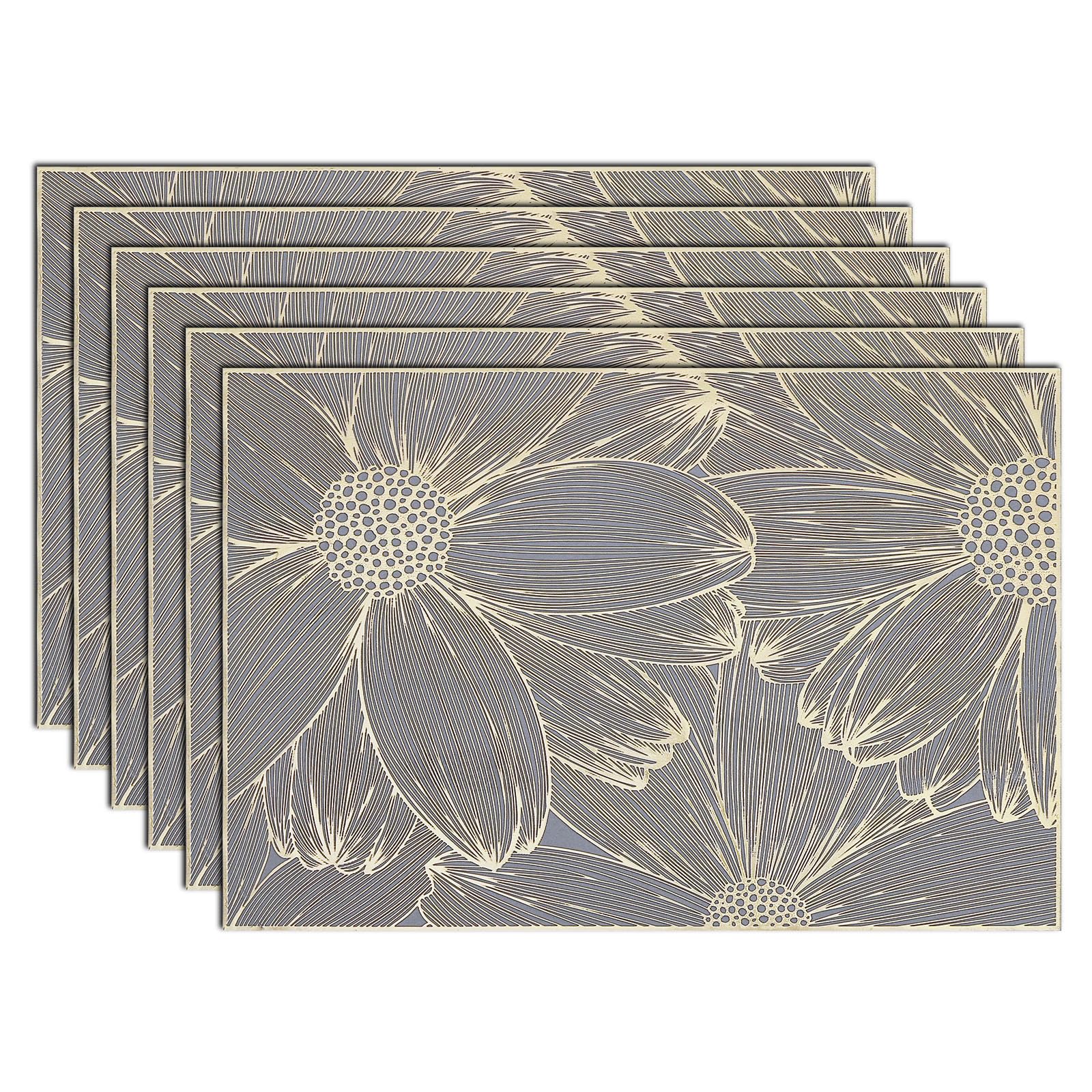 comfoyar Gold Daisy Placemats Set of 6, 30x45cm Non-Slip Vinyl Flower Grey Pressed Place Mats, Washable Waterproof Rectangular Modern Table Mats for Indoor Kitchen Dining Party Table Decoration