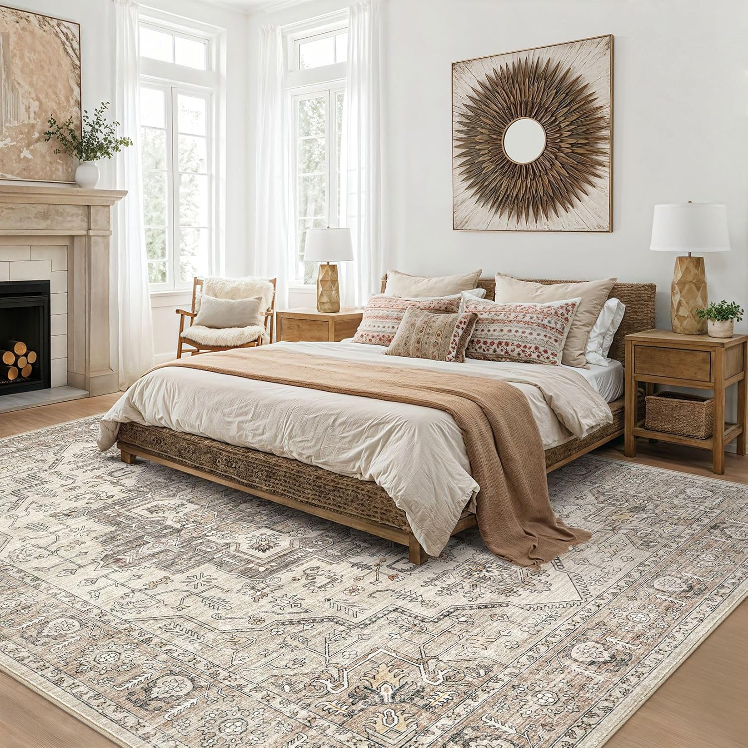 area rug 7x9 washable vintage - soft traditional rugs for living room large non slip backing with low pile farmhouse oriental retro carpet for bedroom dining room or home office - light brown light brown 7' x 9' (rectangular)