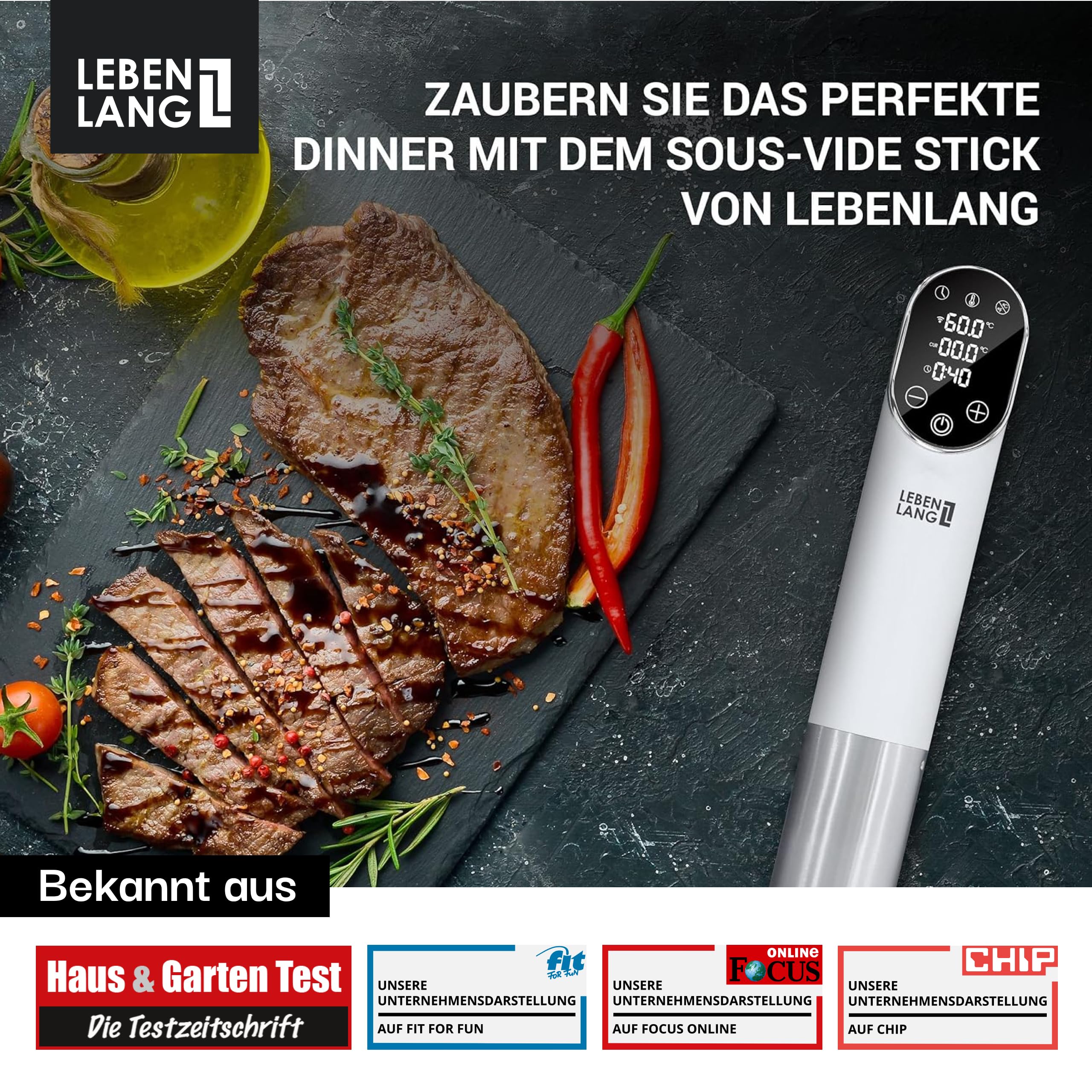 LEBENLANG 1200W Sous Vide Stick - Mit App-Steuerung I Edelstahl Su Vide Garen mit Timer für Fleisch Fisch Gemüse| Souvidestab Souse Garer | Susvide Sovit Souvidgarer Sou Vid Souc Vide Stab Stick