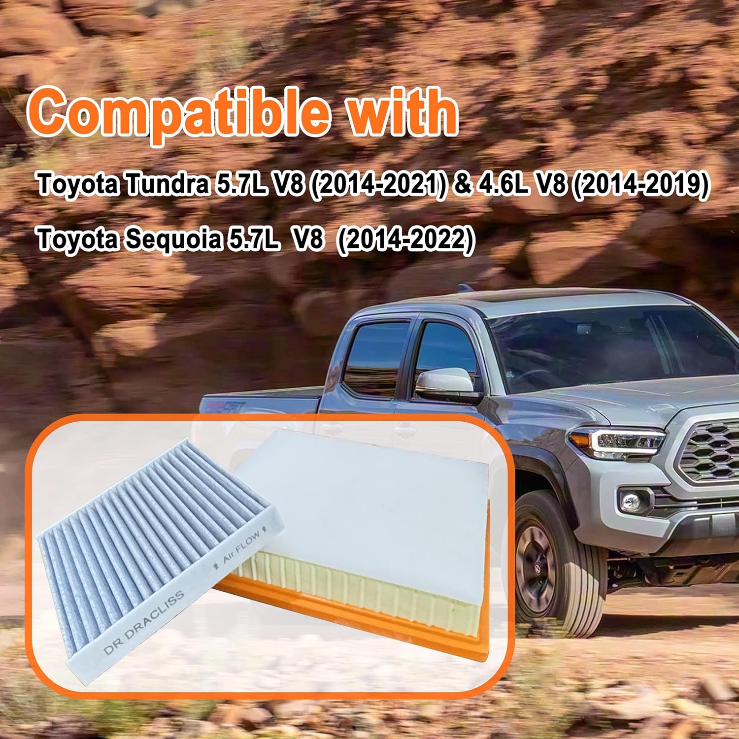Cabin and Engine Air Filter Set for Tundra 5.7L (2014-2021) & 4.6L (2014-2019), Fits Sequoia (2014-2022), Replace 178010S020, 178010P100, 87139-30040, 87139-YZZ08