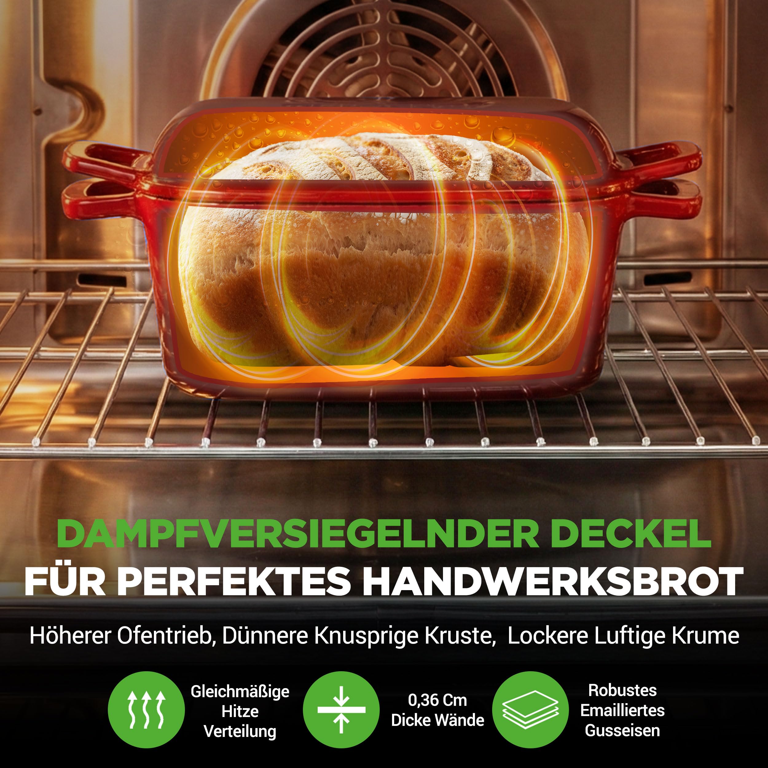 NutriChef Gusseisen Topf - Brotbacktopf - mit Deckel - 25,4 cm ovaler Brottopf mit Silikonhandschuhen - zum Backen Braten Schmoren und mehr - Spülmaschinenfest, Rot