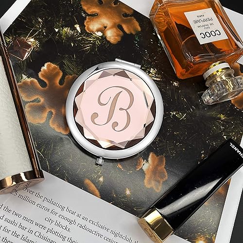 Miniatura 4 de Regalo de dama de honor, espejos de maquillaje compactos de bolsillo de cristal, espejo de letra B con monograma inicial y pulseras de nudo de amor