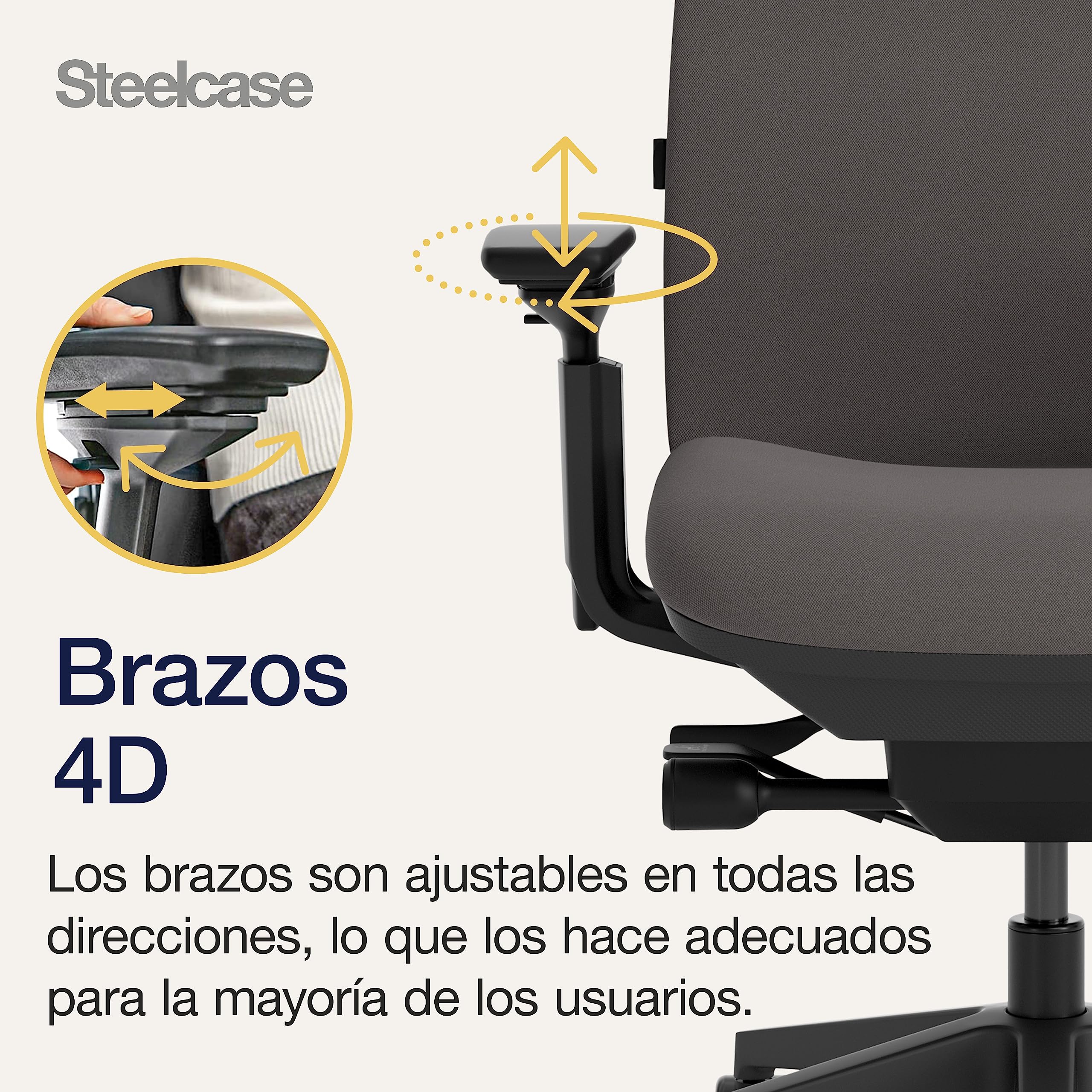 Steelcase Silla ergonómica: Amia, Brazos 4D, Ajuste Asiento, Gris búho