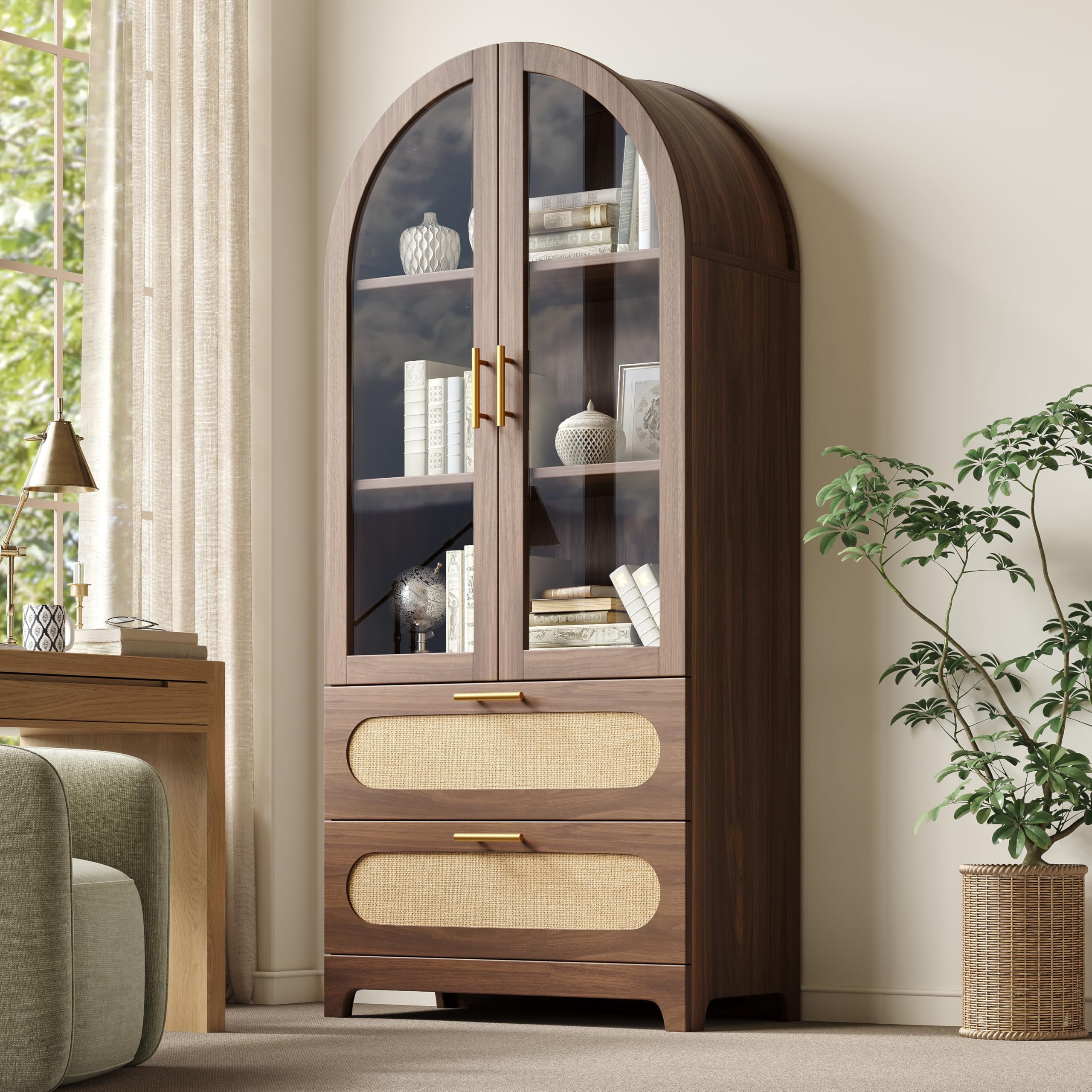 Vitrine mit Montmartre-Bogen, 175X80X40cm, Bücherregal mit 2 Schubladen & verstellbaren Böden, Retro-Design, Nussbaum
